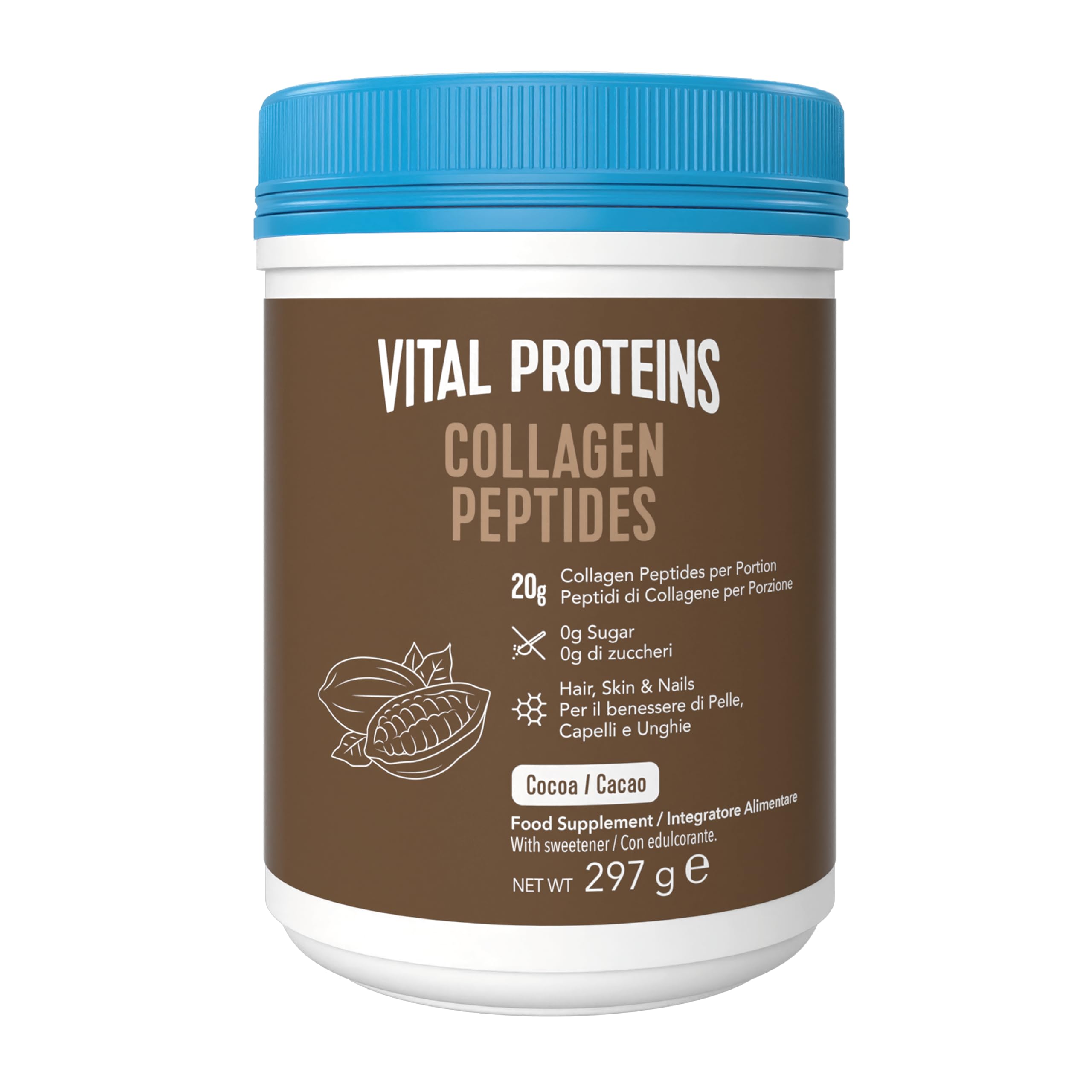 Vital Proteins Collagen Peptides Cacao, integratore collagene idrolizzato in polvere, Gusto Cacao, per pelle, capelli e unghie, 20g di peptidi di collagene bovino per porzione, 297g