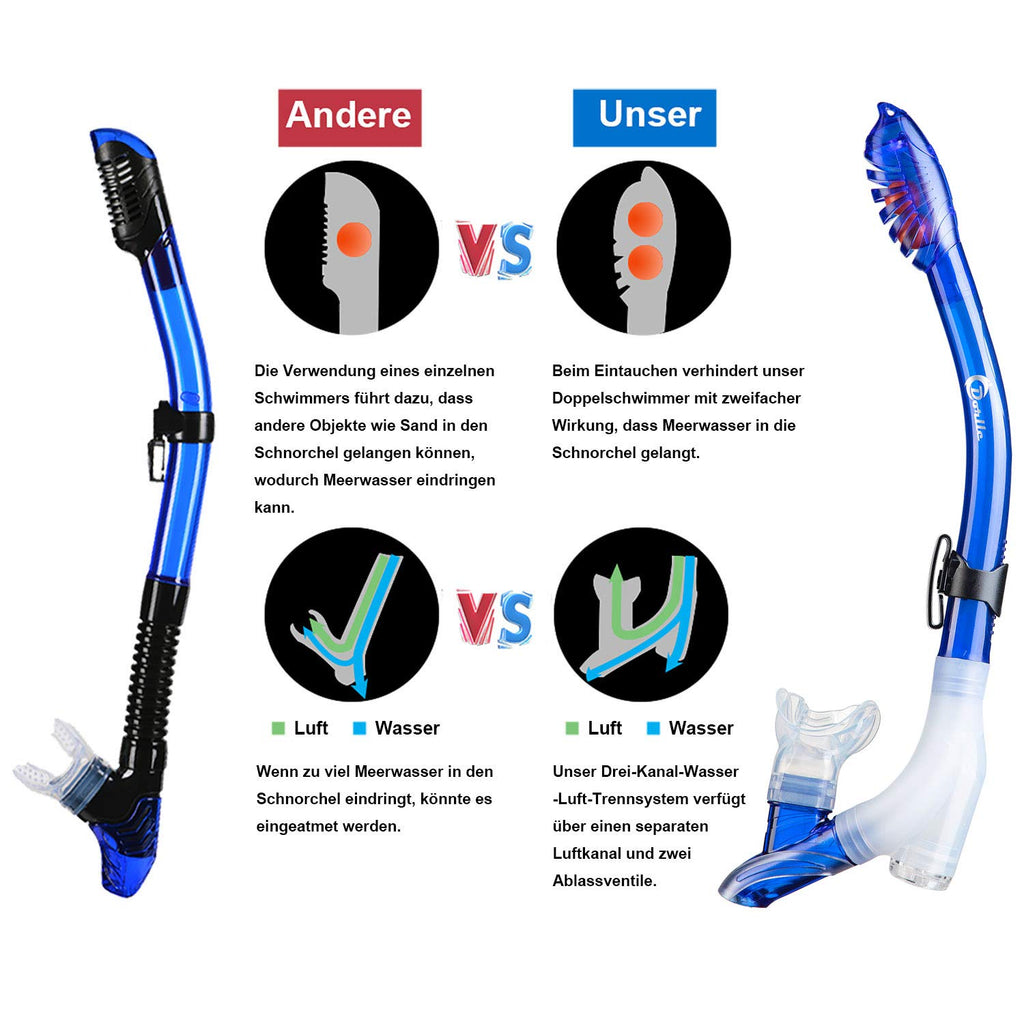 Dorlle Set da snorkeling con boccaglio e occhiali da immersione, impermeabile, anti-appannamento, in vetro temperato, con boccaglio a 3 canali Premium Dry per adulti