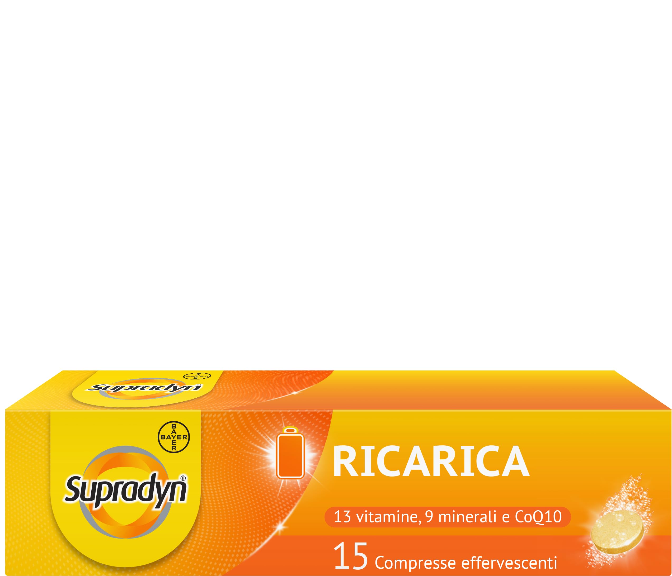 Supradyn Ricarica Multivitaminico Completo Vitamine e Minerali per Adulti, Integratore Vitamine A, B, C, D3, E, K, Magnesio, Calcio, Zinco, Selenio e Q10, Gusto Arancia 60 Compresse Effervescenti