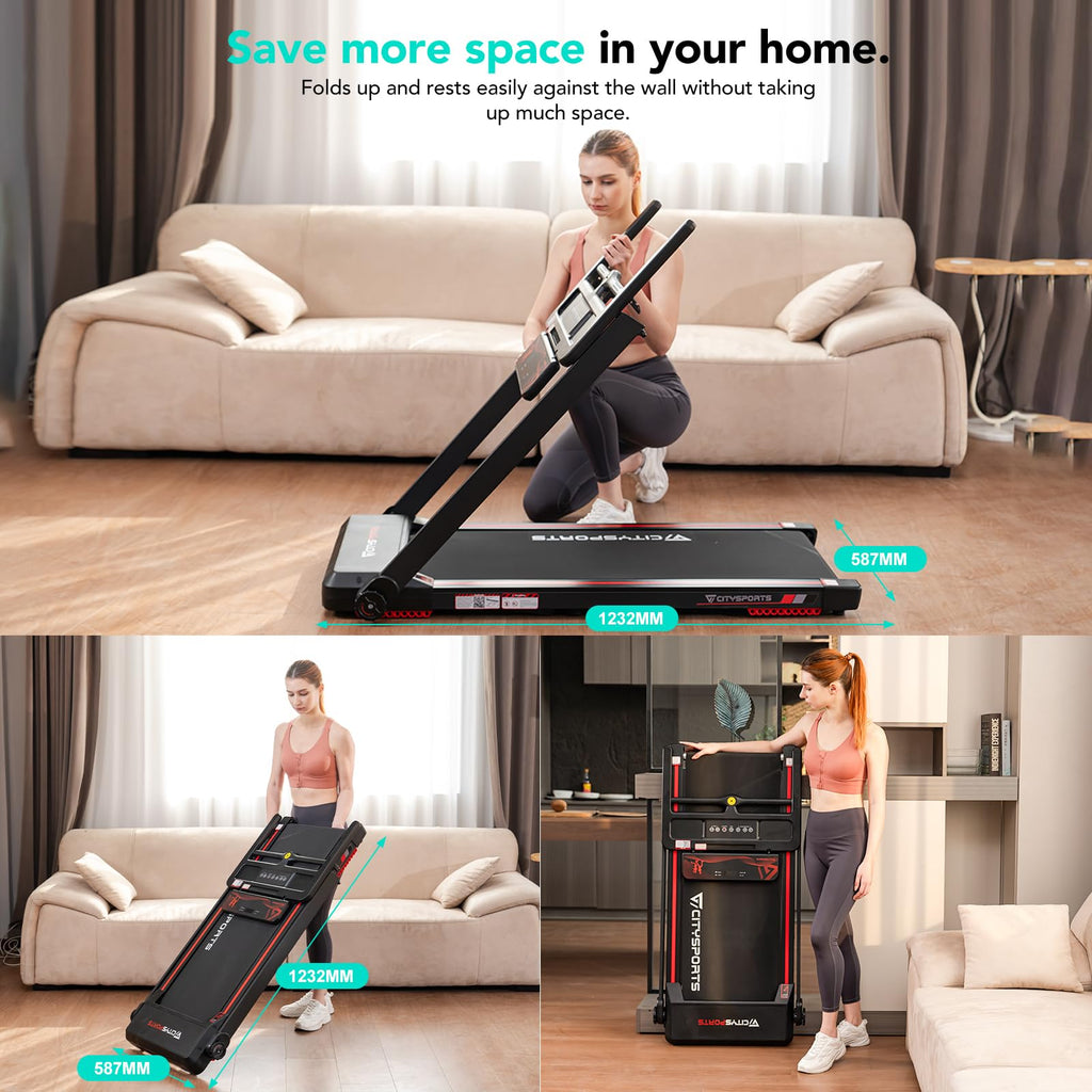 CITYSPORTS Tapis Roulant Elettrico Pieghevole 1-12km/h, Salvaspazio Con Display a LED, Supporto per App e Tablet a 360°, Compatto per Casa e Ufficio