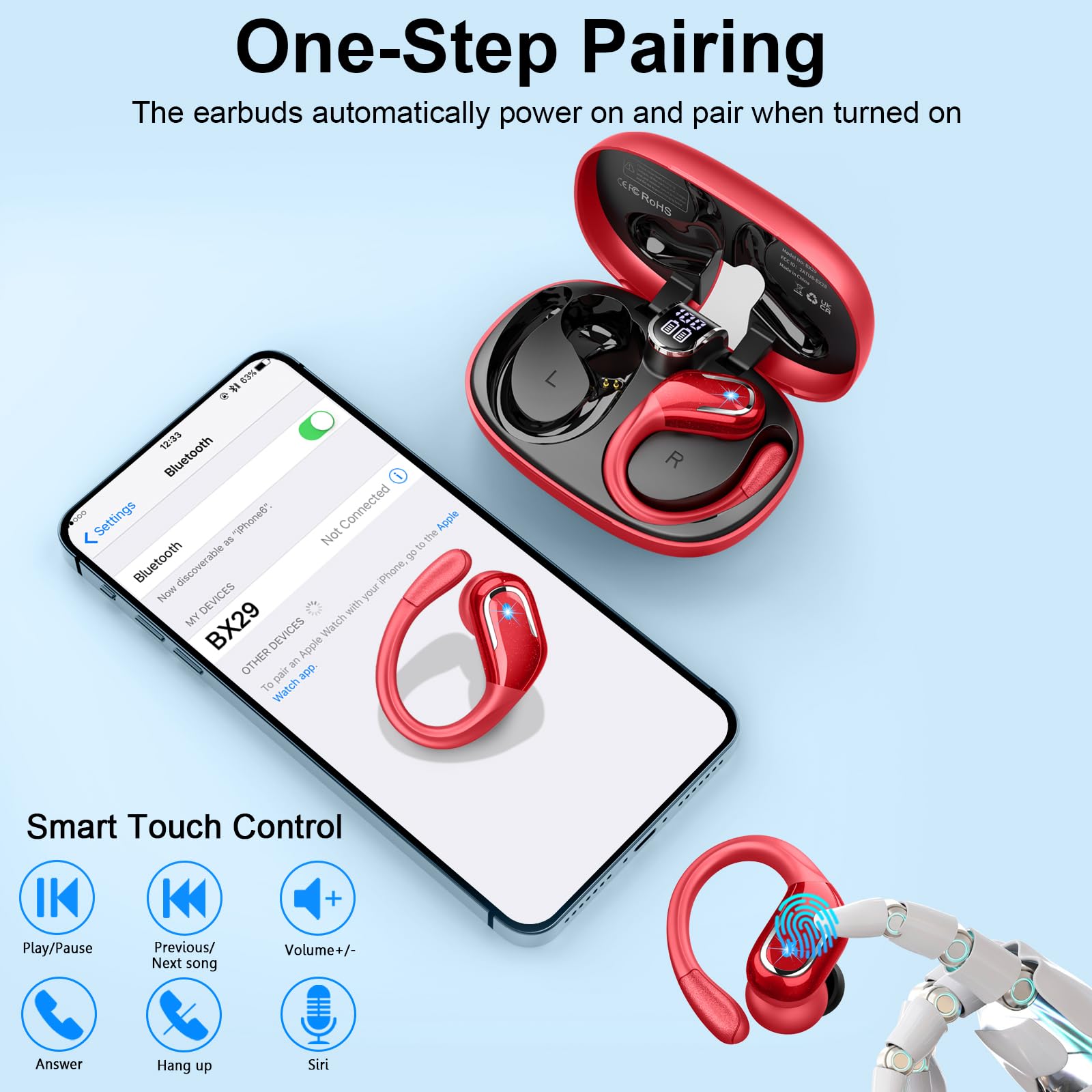 Cuffie Bluetooth 5.4 Sport, Auricolari Bluetooth 75 Ore HiFi Stereo,Cuffie Wireless Impermeabili IPX8,4 ENC Cancellazione Rumore Mic,Con Display a LED, Headphones Per Corsa e Sport Estremi, USB-C