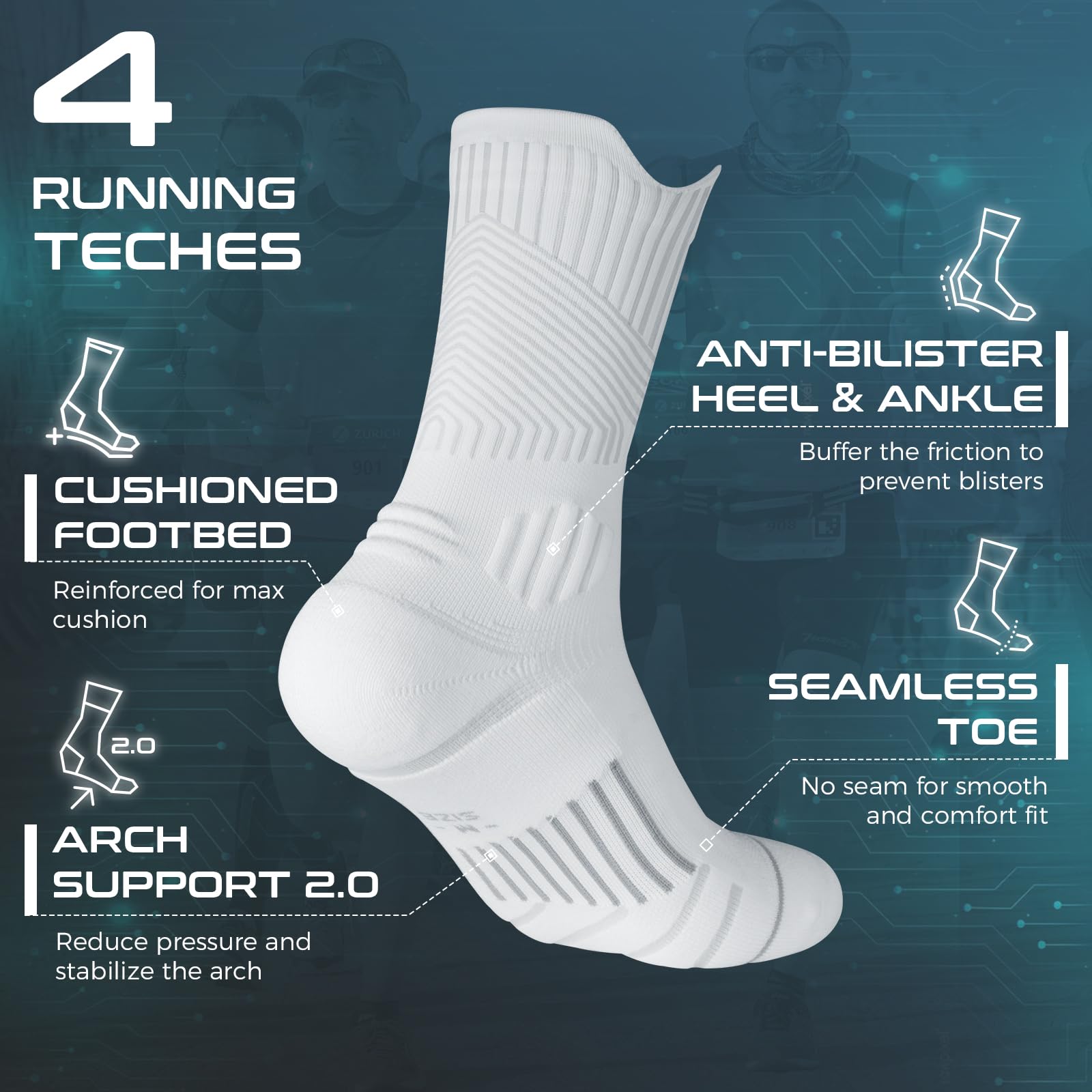 Coolmax Compressione 3 Paia Calzini Running Uomo Calze da Corsa Trekking Padel Uomo, Anti-Vesciche & Con Supporto Dell'arco Plantare, 35-51