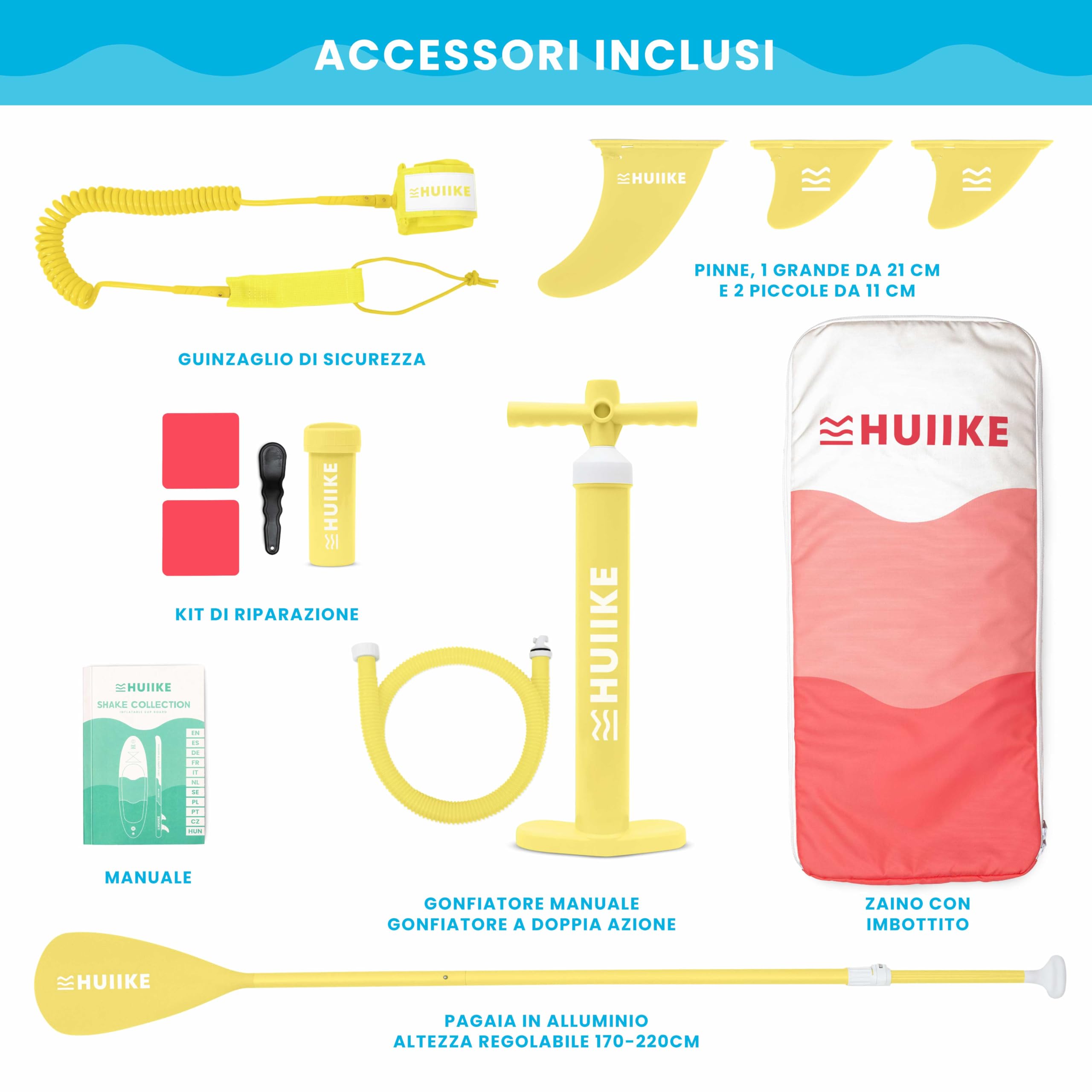 HUIIKE Tavola Sup Gonfiabile Adulti con Accessori Inclusi, Pagaia, Pinne, Pompa. Stand Up Paddle Board con Grande Stabilità e Resistenza. 305 x 84 x 15 cm, Carico Massimo 130 kg