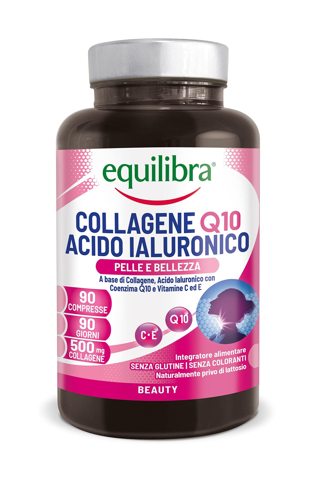 Equilibra Integratori Alimentari, Collagene Q10 Acido Ialuronico, Benessere e Bellezza della Pelle, a Base di Collagene Idrolizzato, Acido Ialuronico, Coenzima Q10, Vitamine C ed E, 90 Compresse