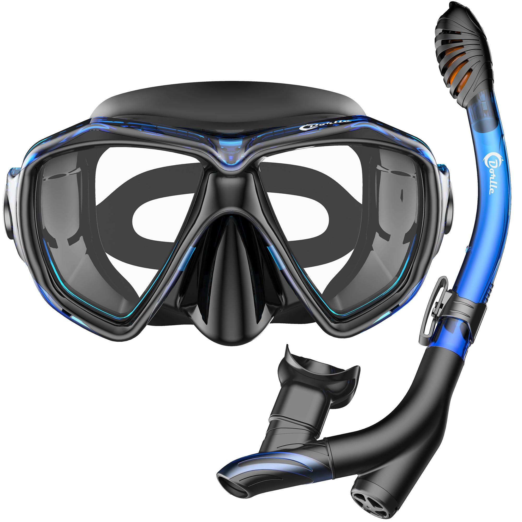Dorlle Set da snorkeling con boccaglio e occhiali da immersione, impermeabile, anti-appannamento, in vetro temperato, con boccaglio a 3 canali Premium Dry per adulti