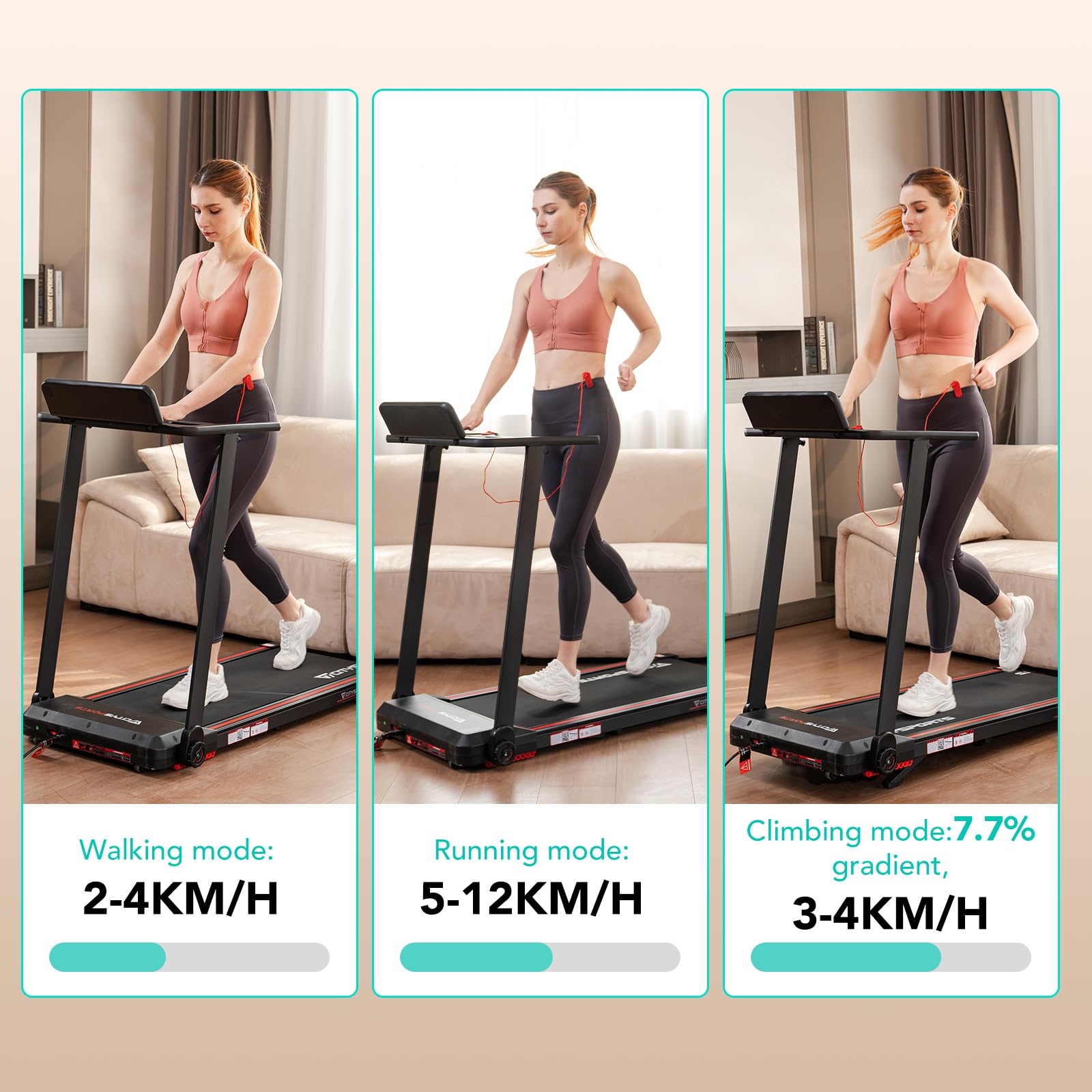 CITYSPORTS Tapis Roulant Elettrico Pieghevole 1-12km/h, Salvaspazio Con Display a LED, Supporto per App e Tablet a 360°, Compatto per Casa e Ufficio
