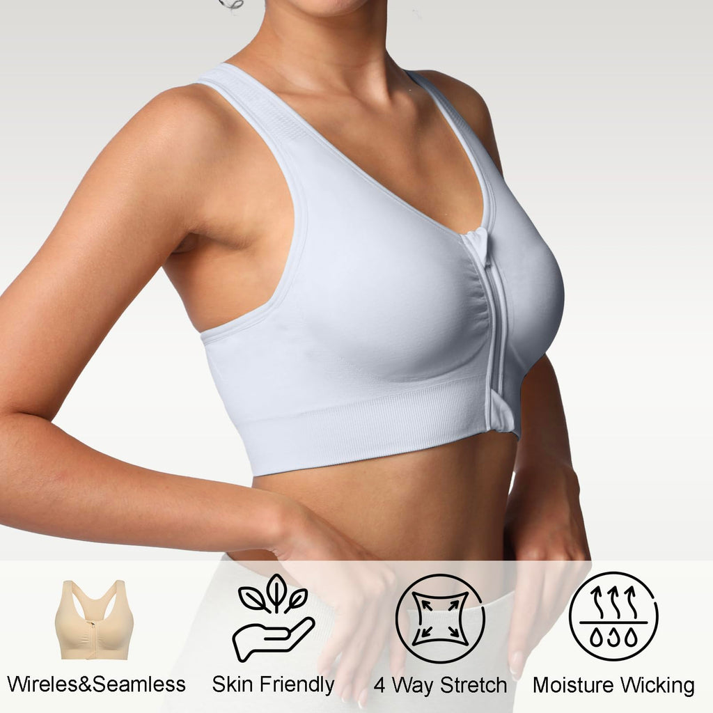 Lemef Soutiens-Gorge de Sport à Fermeture Éclair Avant pour Femmes Soutien-Gorge Post-Chirurgie sans Armature Fermeture Avant Dos Nageur Compression Mastectomie