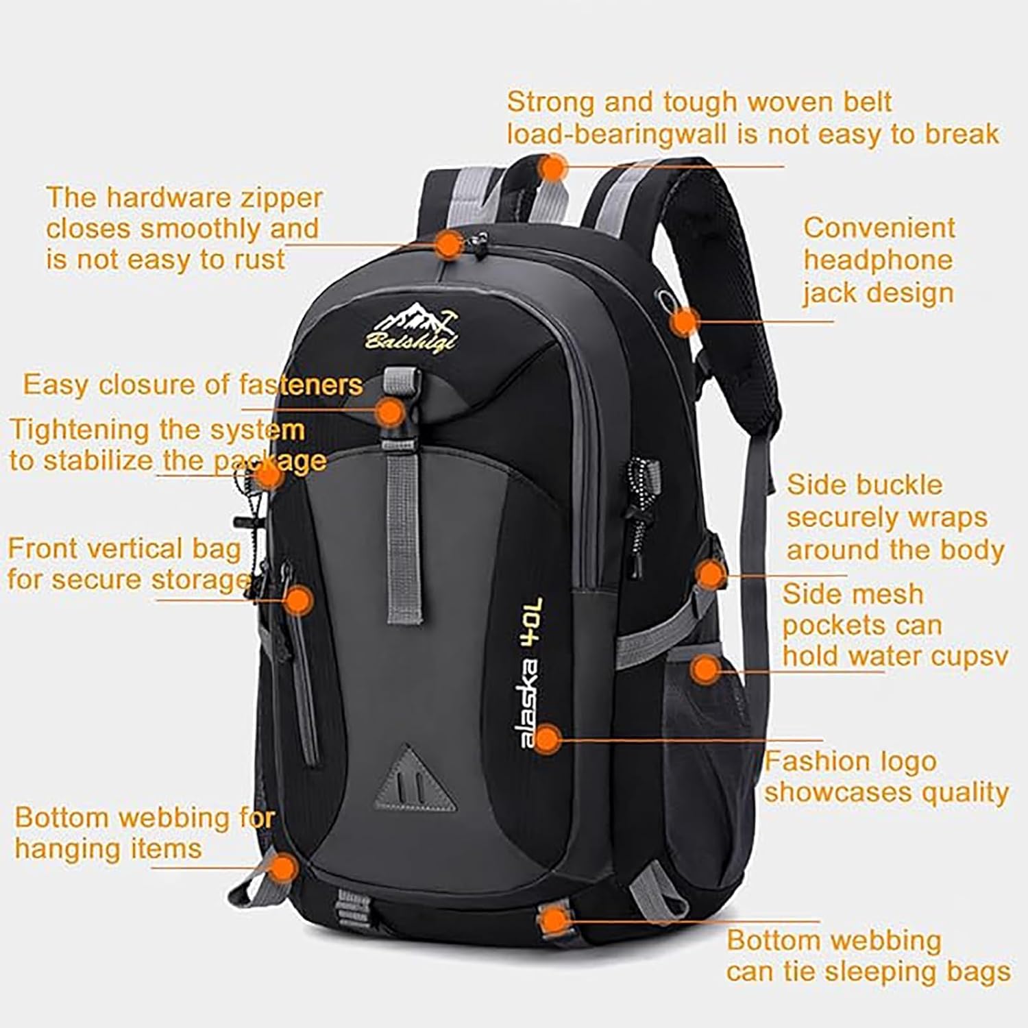 Zaino Trekking 40 Litri Zaino Montagna Grande Volume Leggero Impermeabile Multifunzione per Montagna Viaggio Escursione Trekking Campeggio Scuola con Ventilazione Posteriore Uomo Donna Nero