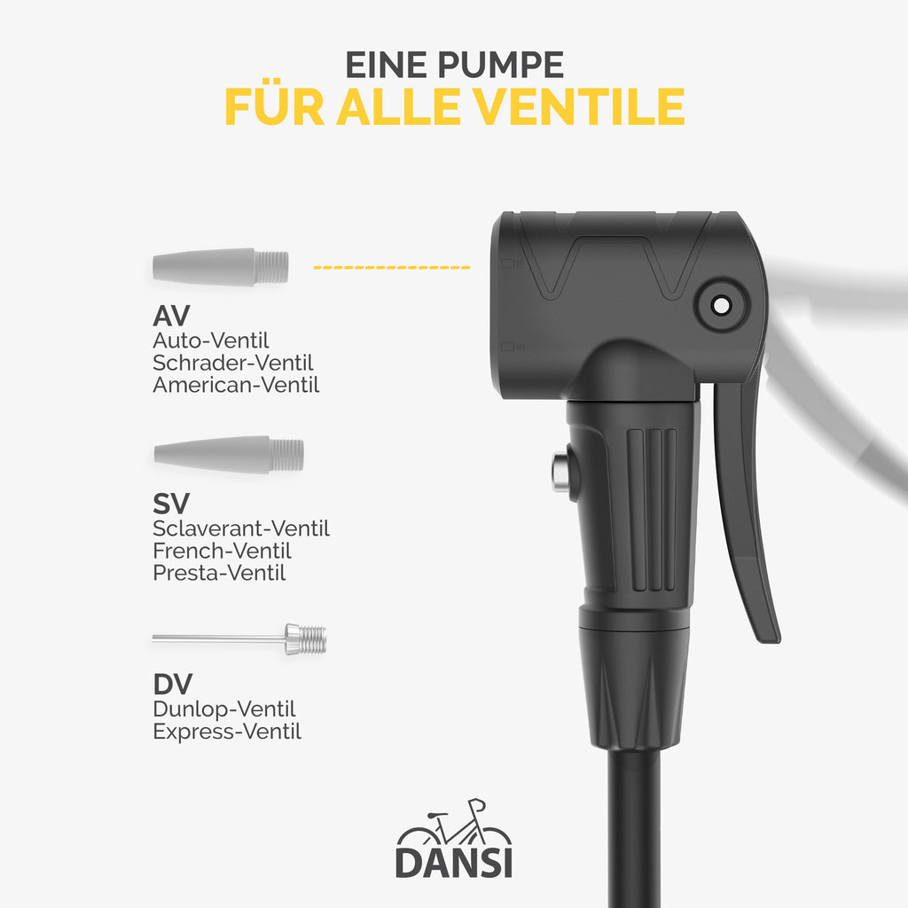 DANSI Pompa per bicicletta a pedale con valvole AV, SV, DV - Pompa ad aria per bicicletta con manometro grande, adattatori e serbatoio | Pompa per moto, bici elettrica, auto e articoli sportivi