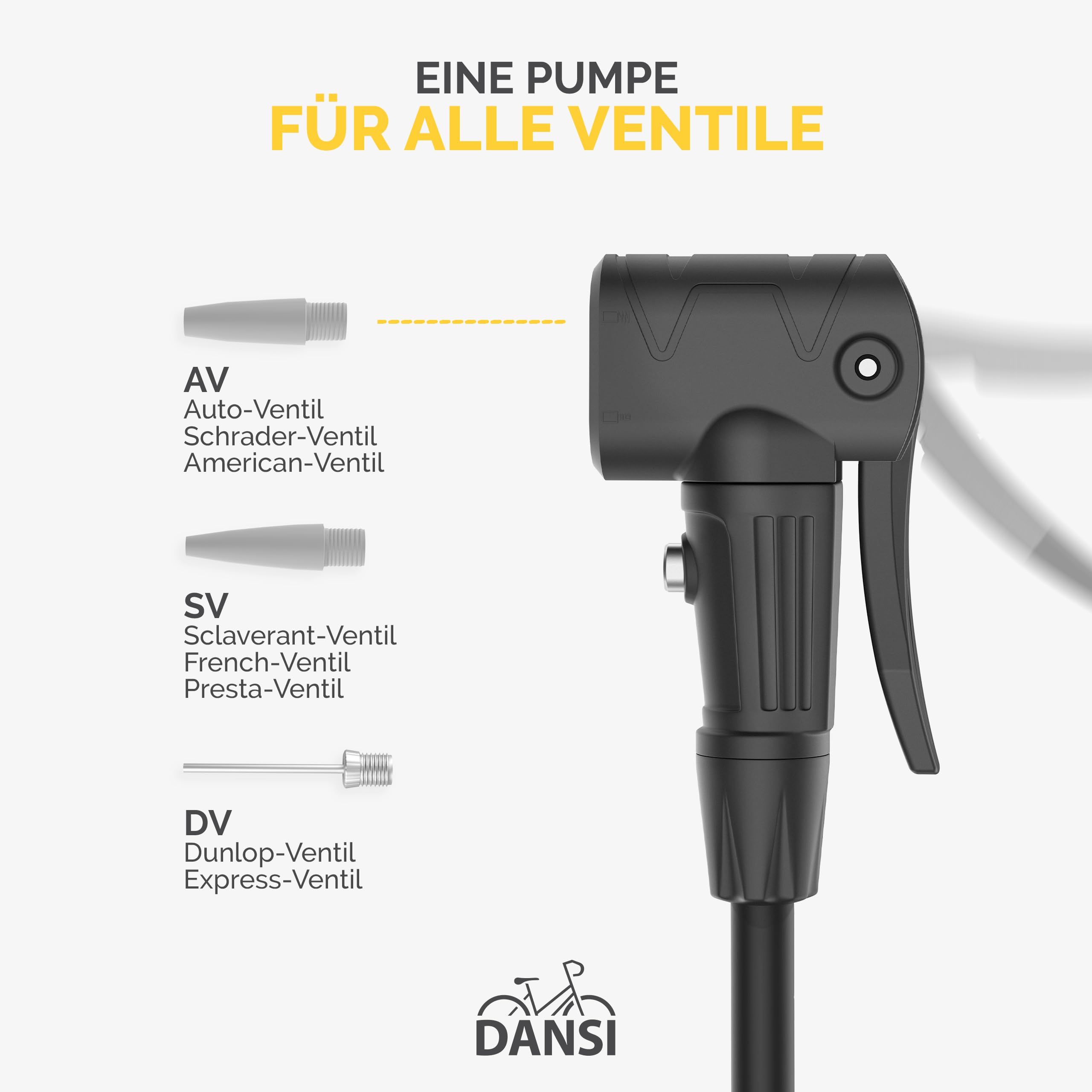 DANSI Pompa per bicicletta a pedale con valvole AV, SV, DV - Pompa ad aria per bicicletta con manometro grande, adattatori e serbatoio | Pompa per moto, bici elettrica, auto e articoli sportivi