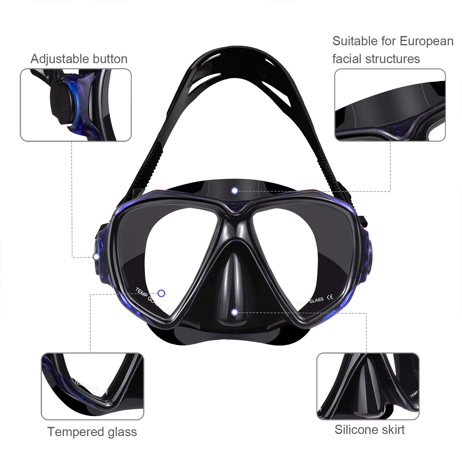 Dorlle Set da snorkeling con boccaglio e occhiali da immersione, impermeabile, anti-appannamento, in vetro temperato, con boccaglio a 3 canali Premium Dry per adulti
