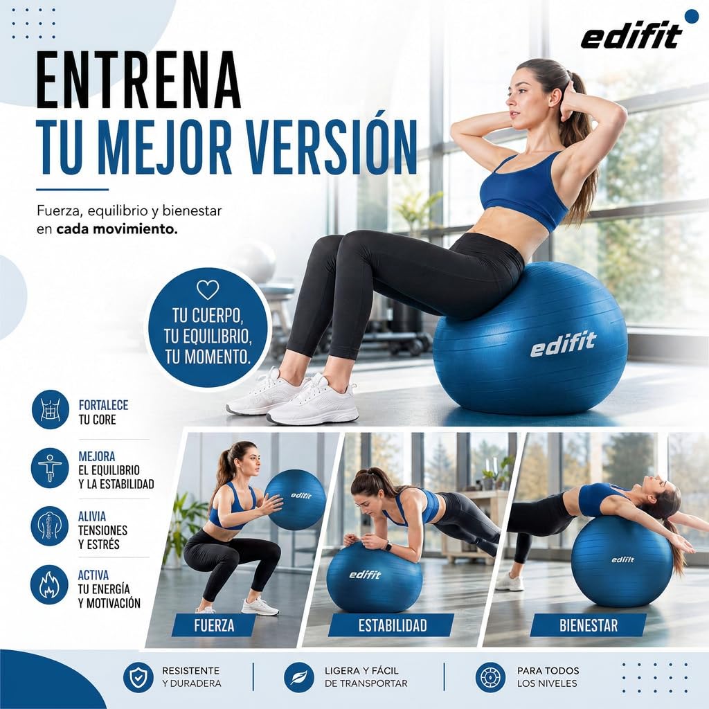 EDIFIT Palla Fitness, Pilates Attrezzi Casa, Incluso il Gonfiatore, Fitball, Yoga Accessori, Palla Gravidanza, Ginnastica Ritmica