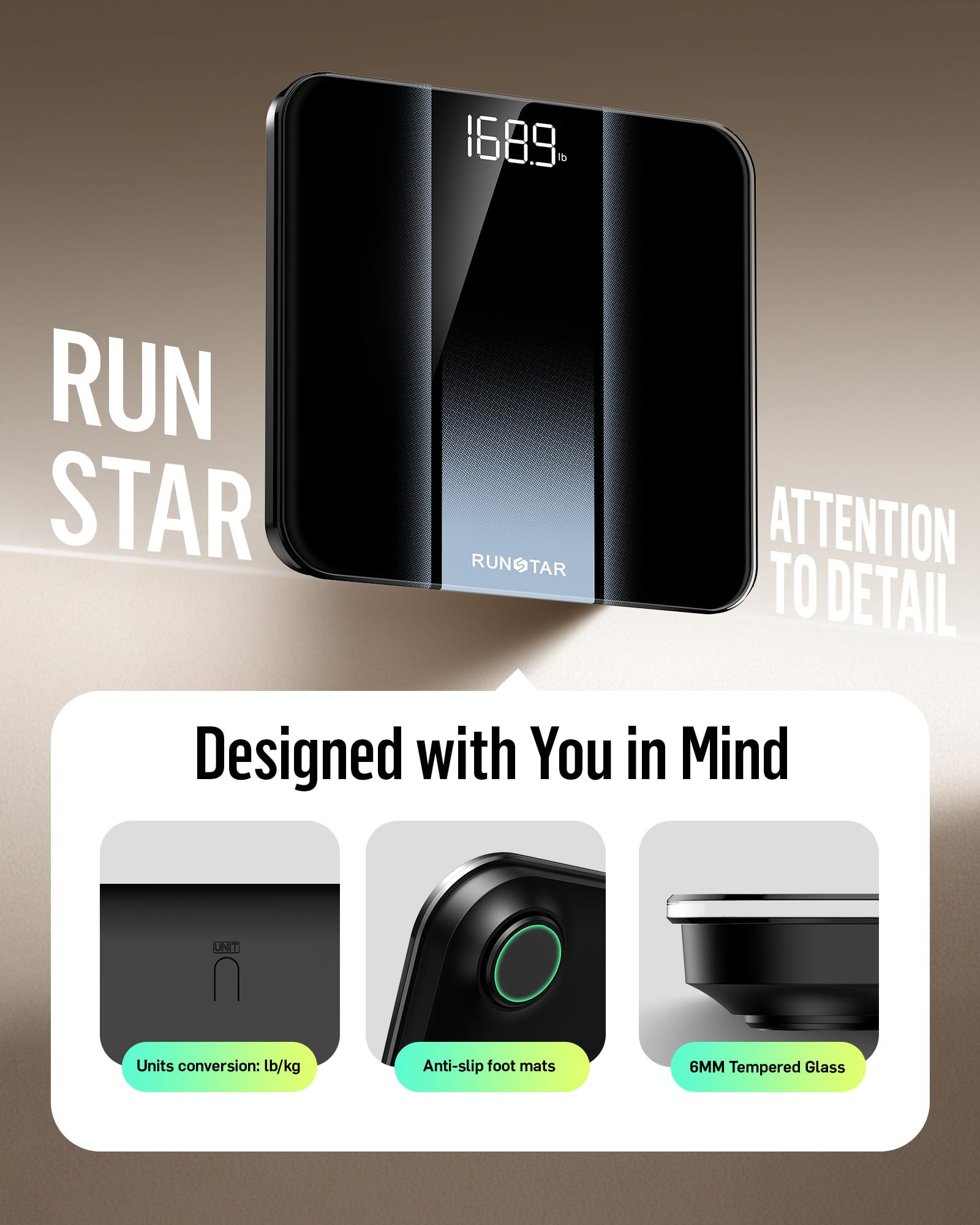 RunStar Bilancia Pesapersone Digitale, Bilancia professionale ad alta Precisione, Max 180 kg, Display Retroilluminato a LED Chiaro, Bilancia Precisa in Vetro Temperato da 6 mm