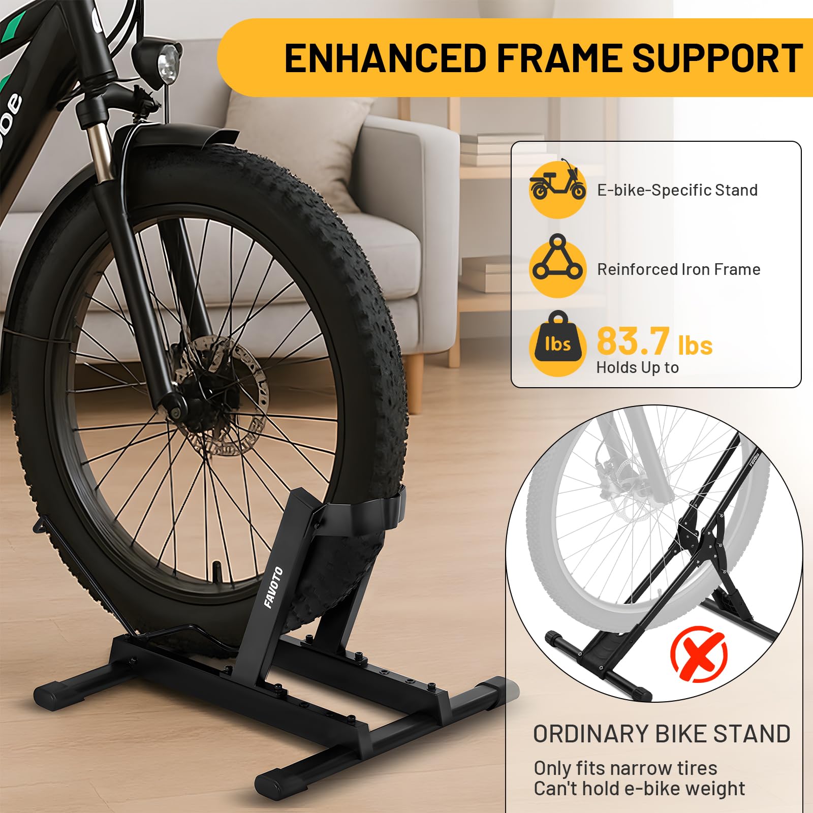 Favoto Cavalletto per E-Bike e Biciclette - Supporto da Pavimento per Bici Elettriche e Tradizionali da 20-29 Pollici Corsa Mountain Capacità Massima 38kg Nero