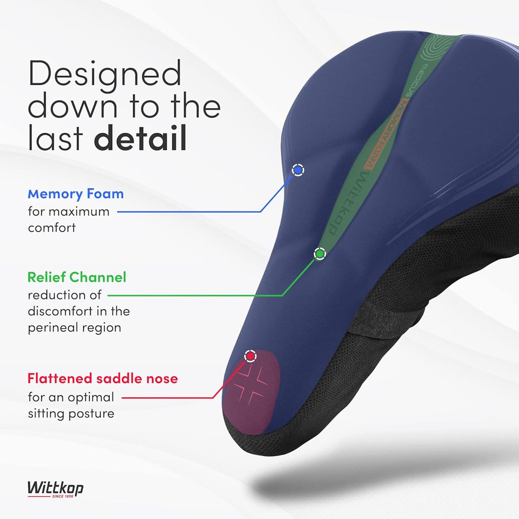 WITTKOP Cuscino per sella da bici in memory foam confortevole I Coprisella da bici per uomo e donna con design ergonomico a 3 zone