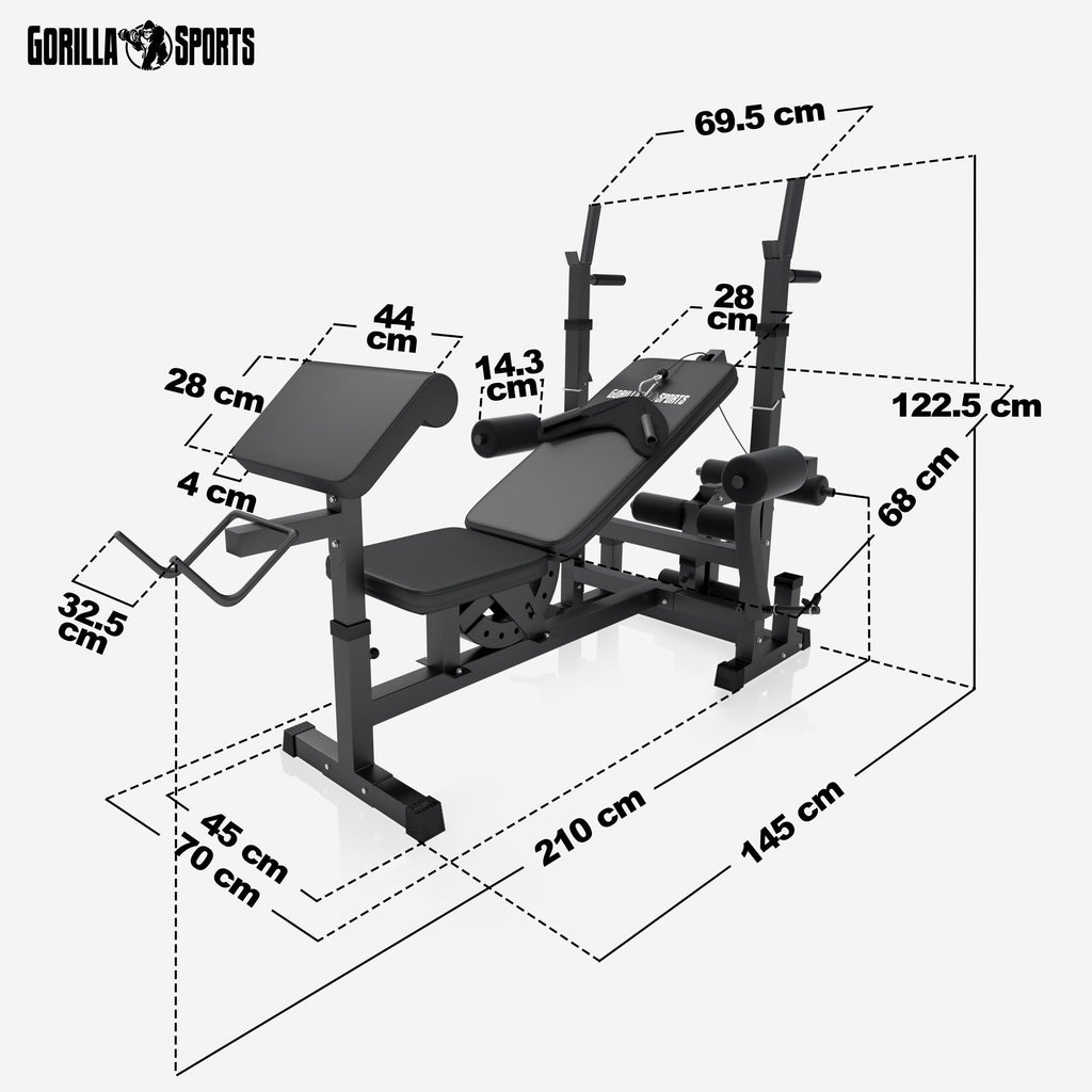 Gorilla Sports® Panca Multifunzione - Schienale Regolabile, Portabilanciere, Butterfly, Curl per Gambe, Nero/Bianco - Panca Pesi, Stazione Fitness