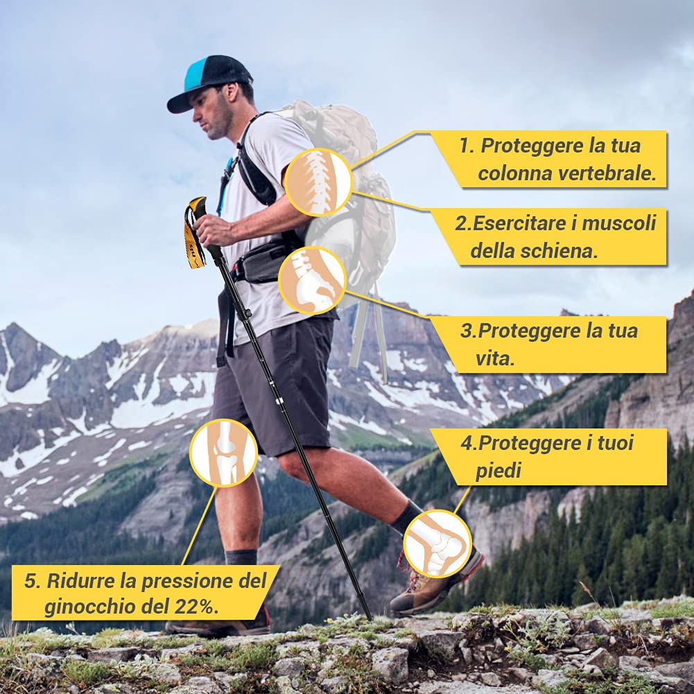 Glymnis Bastoni Trekking Bastoncini da Trekking Pieghevoli e Antiurto 110-130cm 5 Sezioni in Alluminio 7075 Impugnatura in Eva Punta in Carburo di Tungsteno per Escursioni 1 Paio