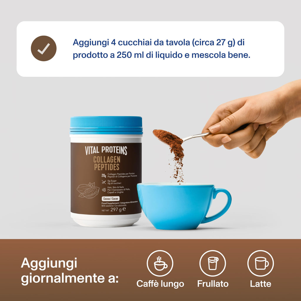 Vital Proteins Collagen Peptides Cacao, integratore collagene idrolizzato in polvere, Gusto Cacao, per pelle, capelli e unghie, 20g di peptidi di collagene bovino per porzione, 297g