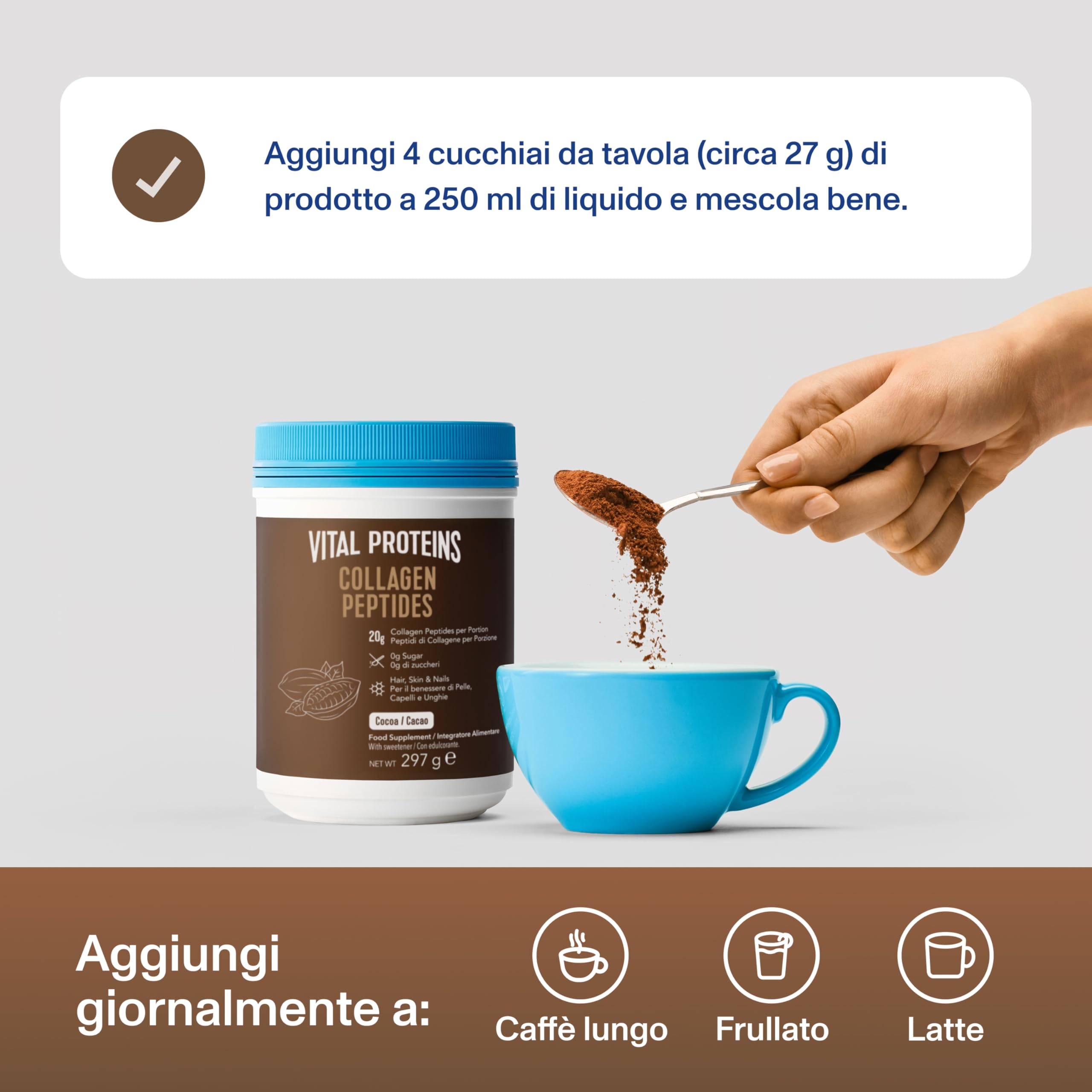 Vital Proteins Collagen Peptides Cacao, integratore collagene idrolizzato in polvere, Gusto Cacao, per pelle, capelli e unghie, 20g di peptidi di collagene bovino per porzione, 297g