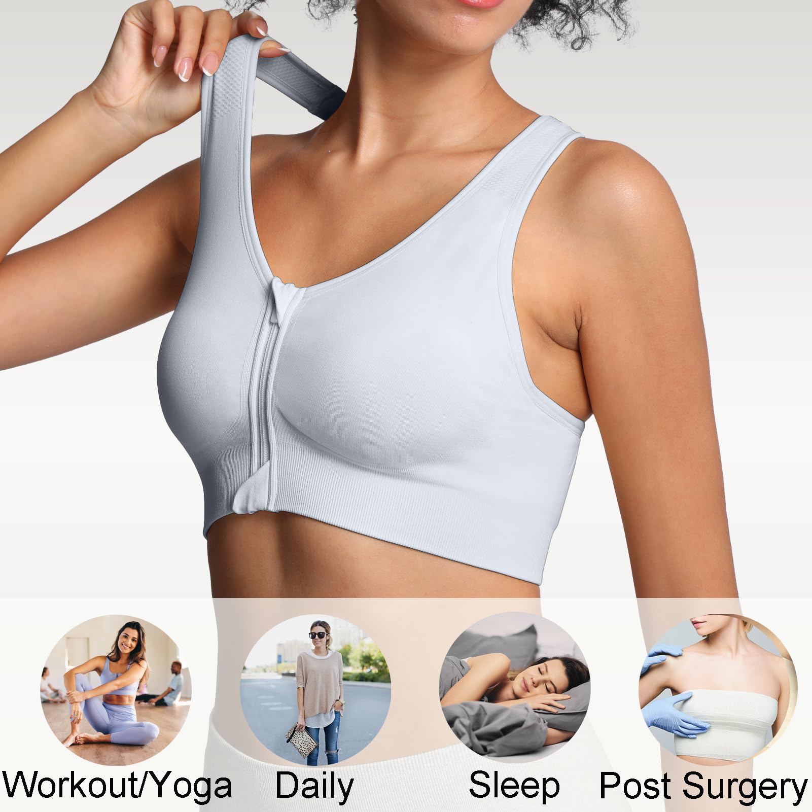 Lemef Soutiens-Gorge de Sport à Fermeture Éclair Avant pour Femmes Soutien-Gorge Post-Chirurgie sans Armature Fermeture Avant Dos Nageur Compression Mastectomie