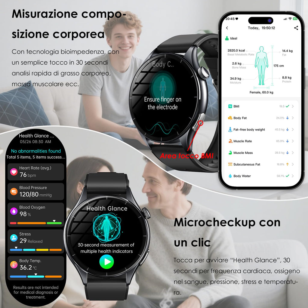 2026 Nuovo Smartwatch Uomo con ECG/Pressione Sanguigna/Sonno/Emozioni/Fatica/BMI/Temperatura/Cardiofrequenzimetro,1,56"AMOLED Salutare Orologio Fitness con Torcia LED/Funzione Telefono/Pulsante SOS
