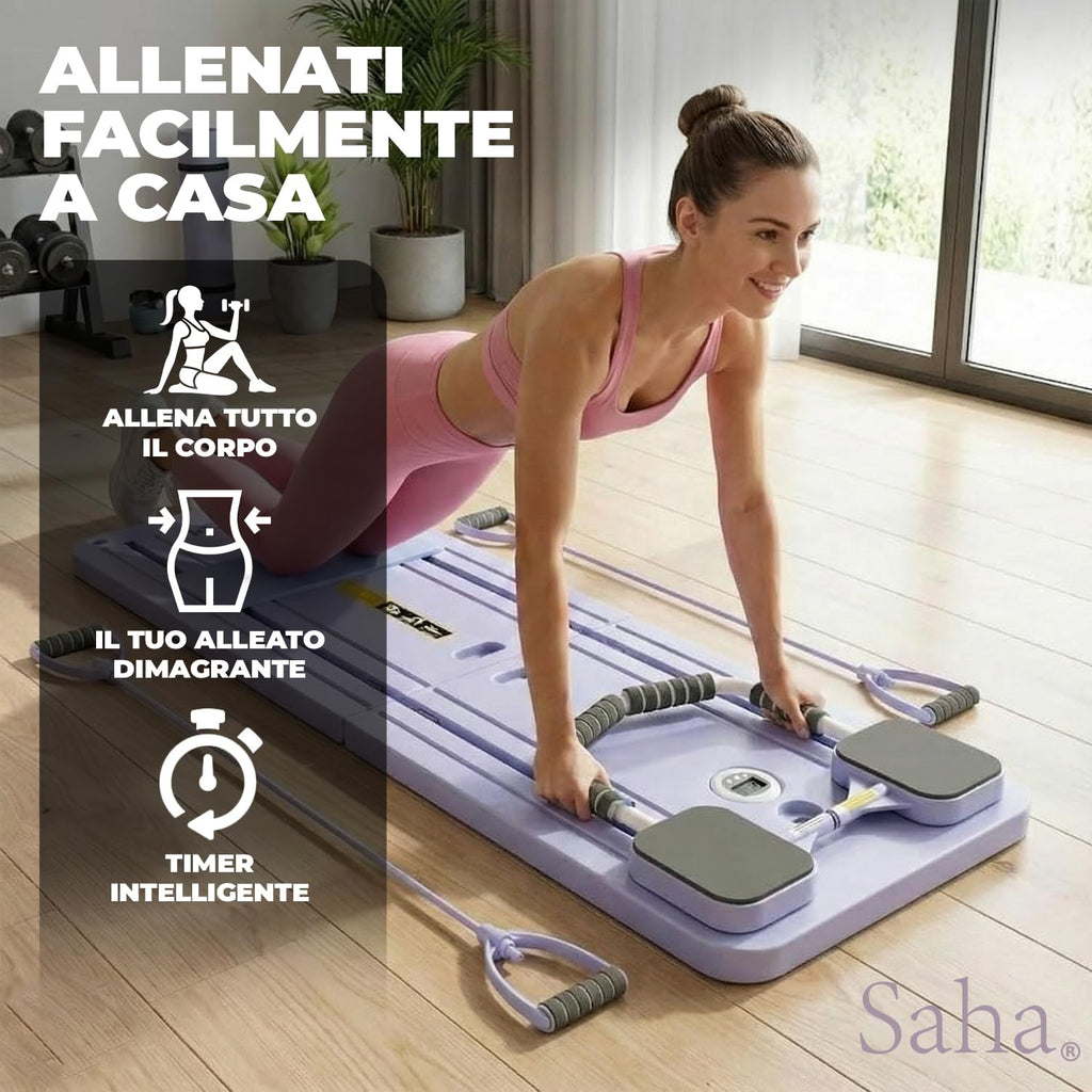 Saha® Tavola Pilates Reformer | Attrezzo Addominali Fitness Casa con Bande di Resistenza, Maniglie e Timer | Yoga Core Allenamento Corpo Completo | Original Corner