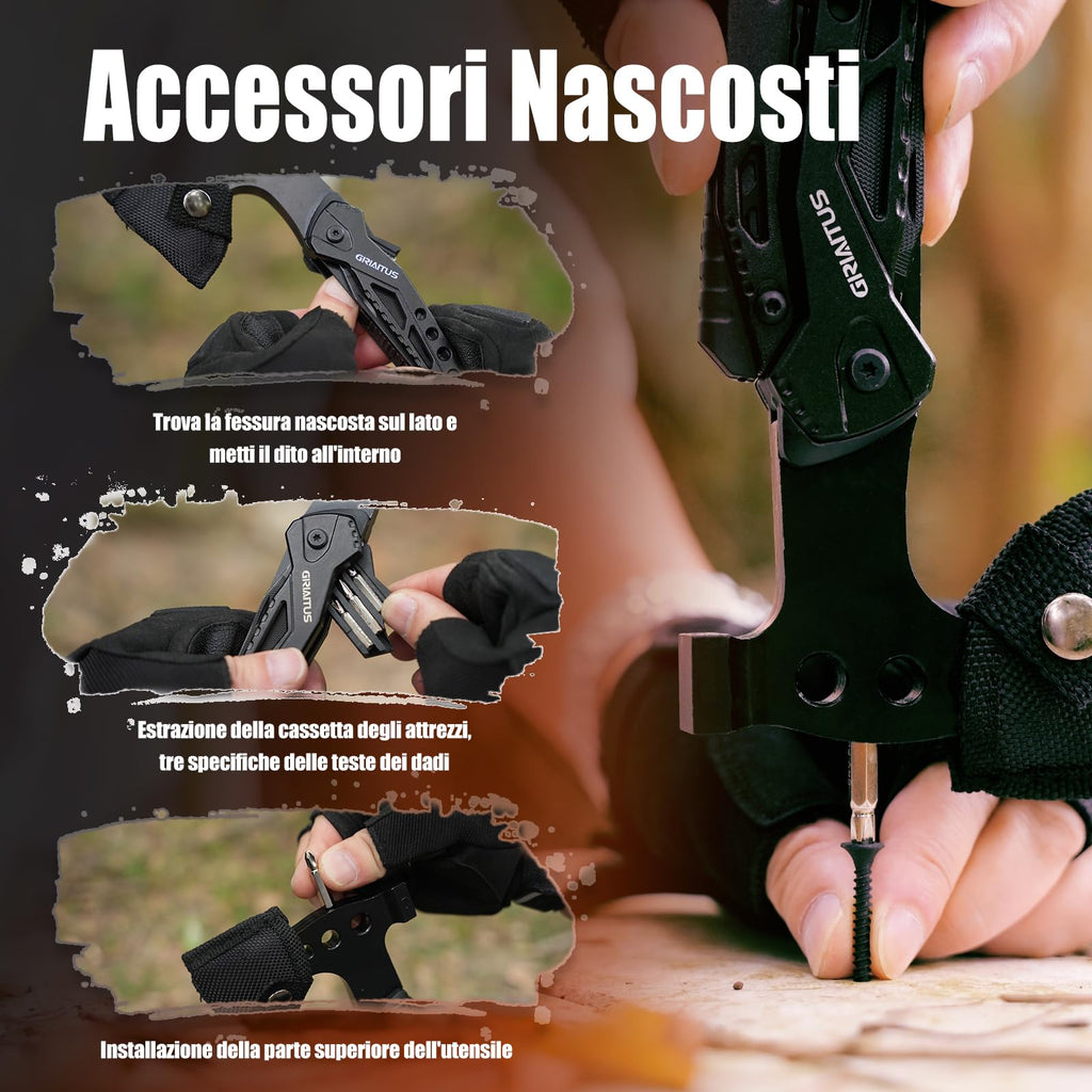 Campeggio Accessori Utili 16in1 Multitool Ascia Sopravvivenza Idee Regalo Uomo Regali Natale con Coltello Martello Pinze Seghetto Cacciavite