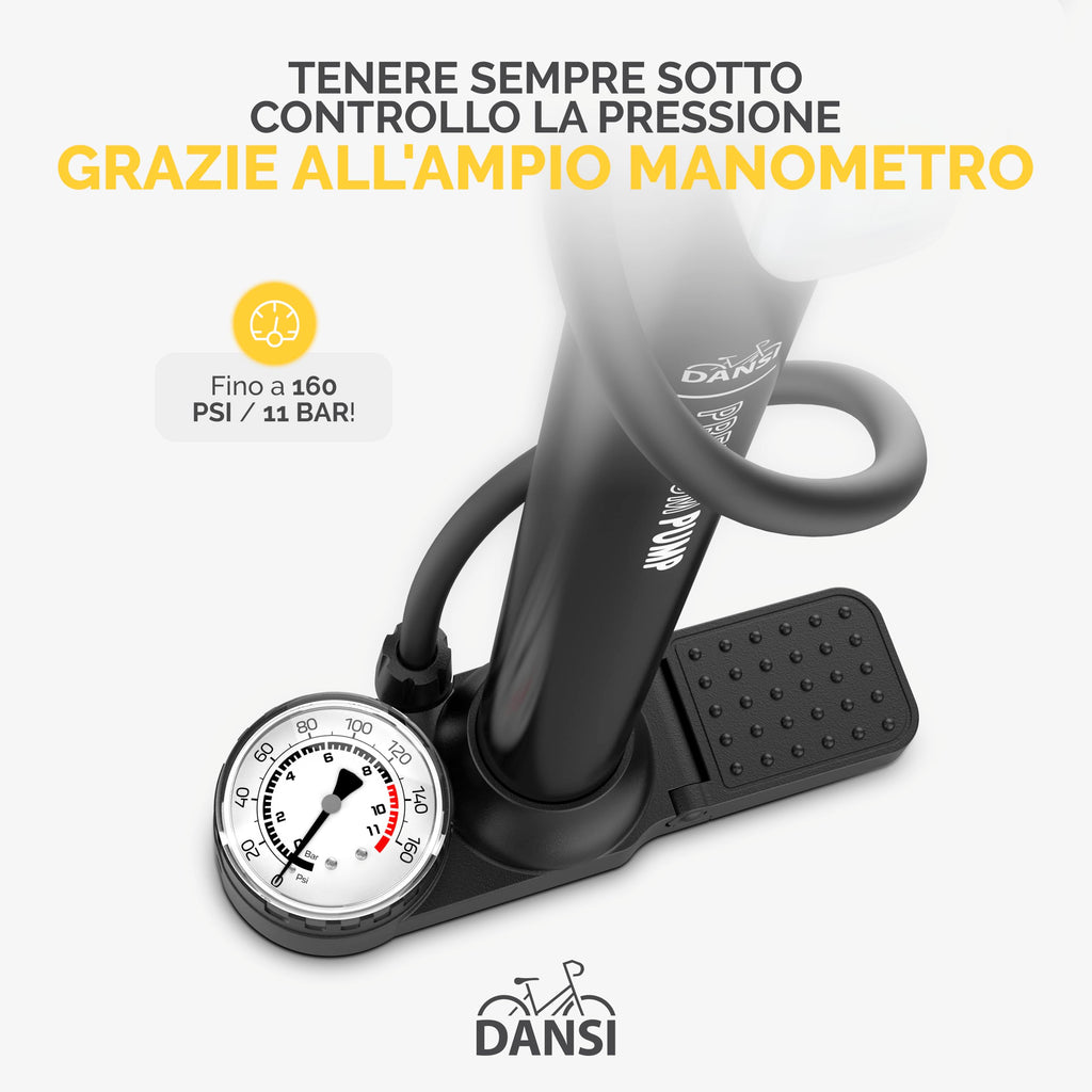 DANSI Pompa per bicicletta a pedale con valvole AV, SV, DV - Pompa ad aria per bicicletta con manometro grande, adattatori e serbatoio | Pompa per moto, bici elettrica, auto e articoli sportivi