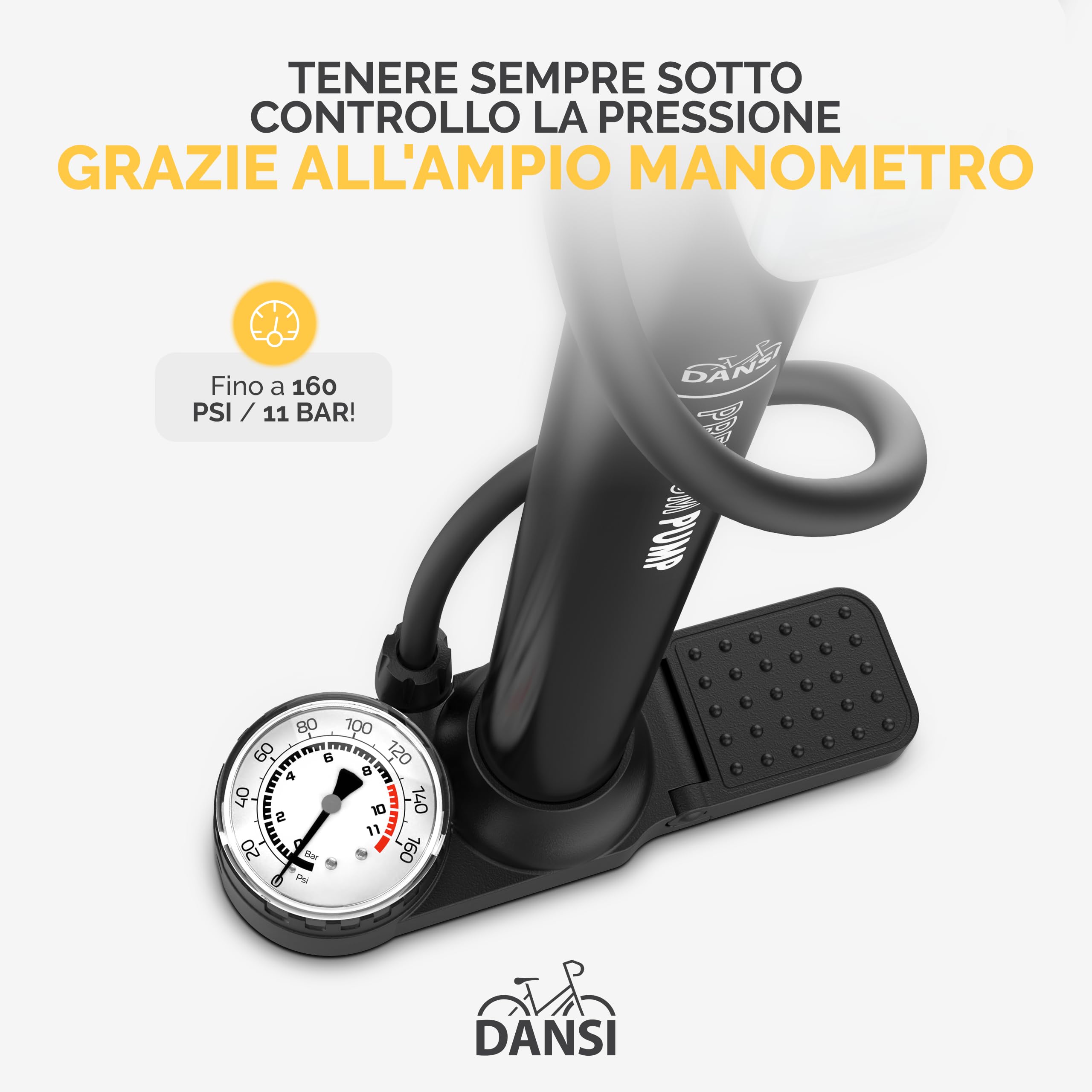DANSI Pompa per bicicletta a pedale con valvole AV, SV, DV - Pompa ad aria per bicicletta con manometro grande, adattatori e serbatoio | Pompa per moto, bici elettrica, auto e articoli sportivi