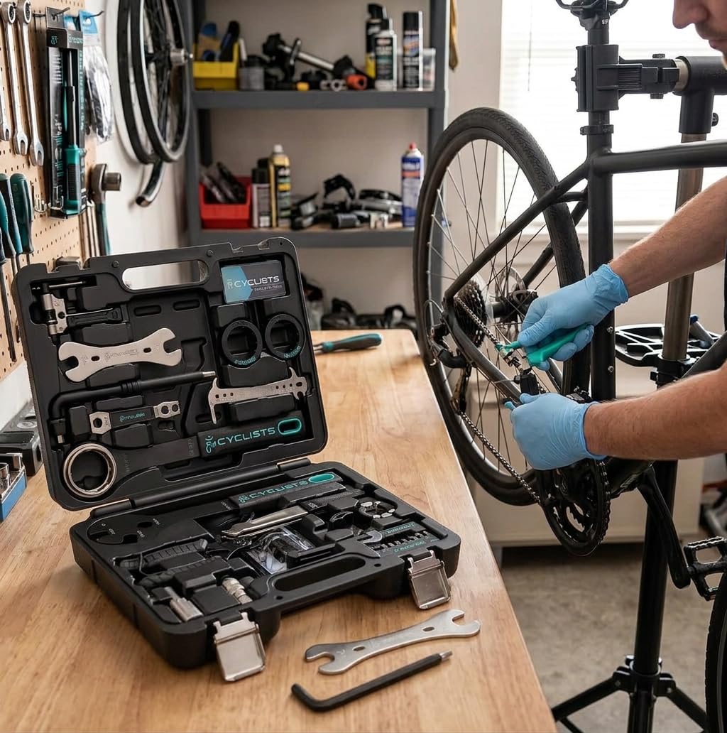 cyclists Kit di Riparazione Bici Portatile, Valigetta Attrezzi per Riparazioni Catene e Pneumatici, Set Completo di Attrezzi per Bici con Custodia per Trasporto