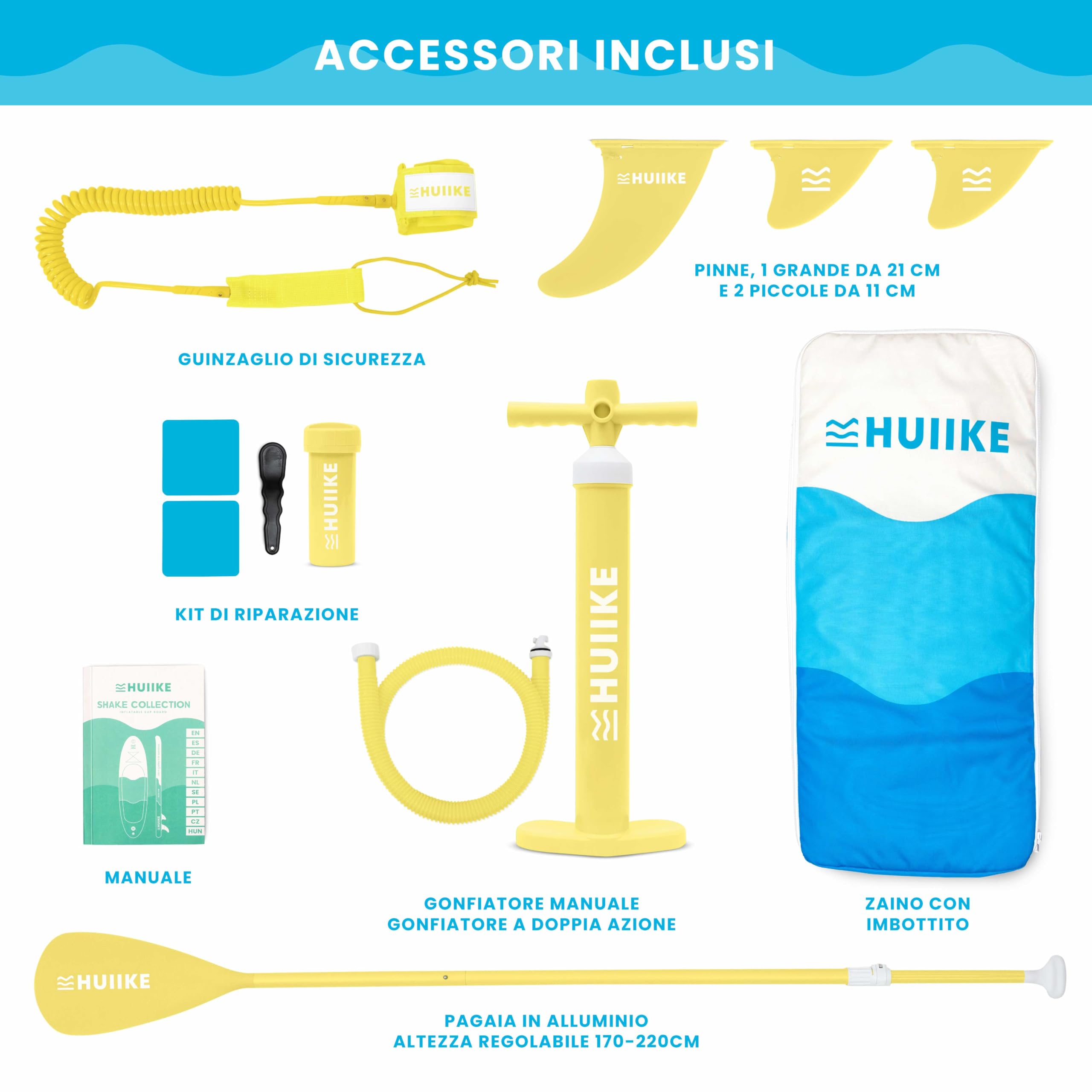 HUIIKE Tavola Sup Gonfiabile Adulti con Accessori Inclusi, Pagaia, Pinne, Pompa. Stand Up Paddle Board con Grande Stabilità e Resistenza. 305 x 84 x 15 cm, Carico Massimo 130 kg