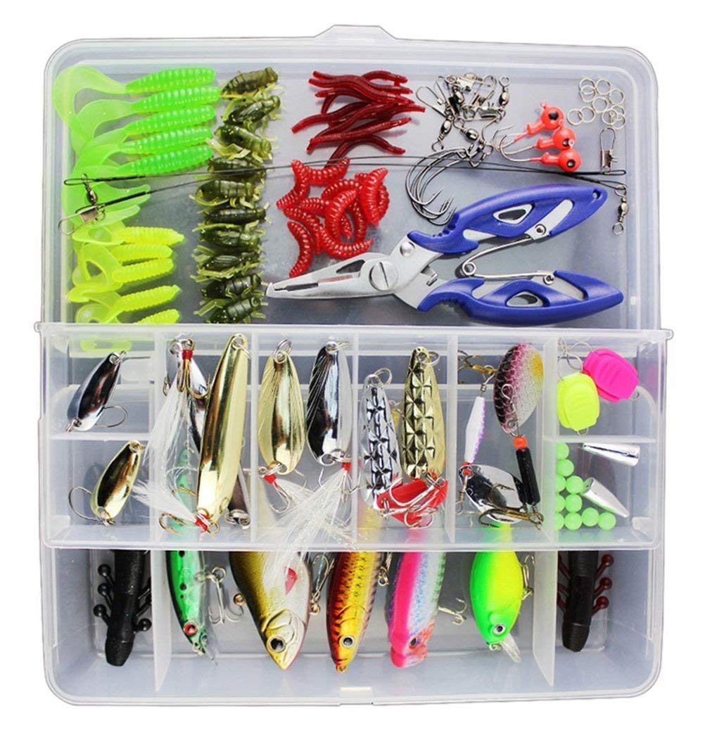 Vicloon Esche da Pesca, Esche Artificiali da Pesca Contiene Crankbaits, Stickbait, Vermi, Ganci Singolo, Pinze, ECC