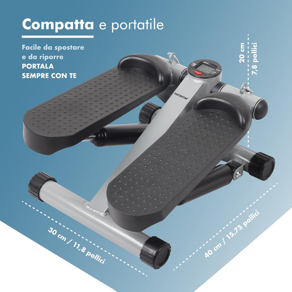 PORTENTUM Mini stepper fitness casa con bande di resistenza e schermo LCD 5 funzioni — Step 3-in-1 per gambe, glutei e braccia — Intensità regolabile — Attrezzi palestra compatti e facili da riporre
