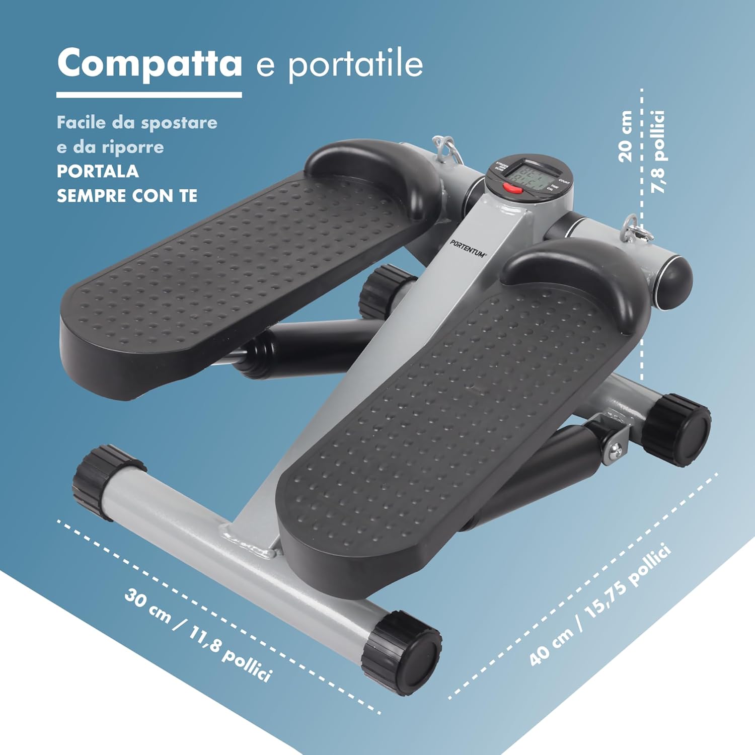 PORTENTUM Mini stepper fitness casa con bande di resistenza e schermo LCD 5 funzioni — Step 3-in-1 per gambe, glutei e braccia — Intensità regolabile — Attrezzi palestra compatti e facili da riporre