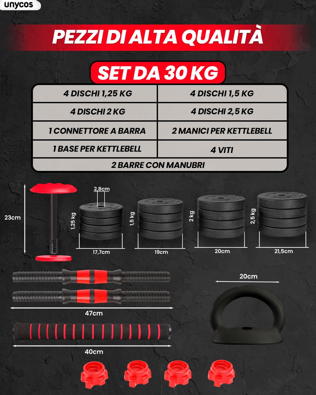 unycos - Manubri Regolabili con Dischi 10-40 kg【E-Book con 50 Esercizi】Coppia di Pesi con Barra di Collegamento Antiscivolo per Allenamento, Palestra in Casa, Fitness (Red/Orange Transformer)