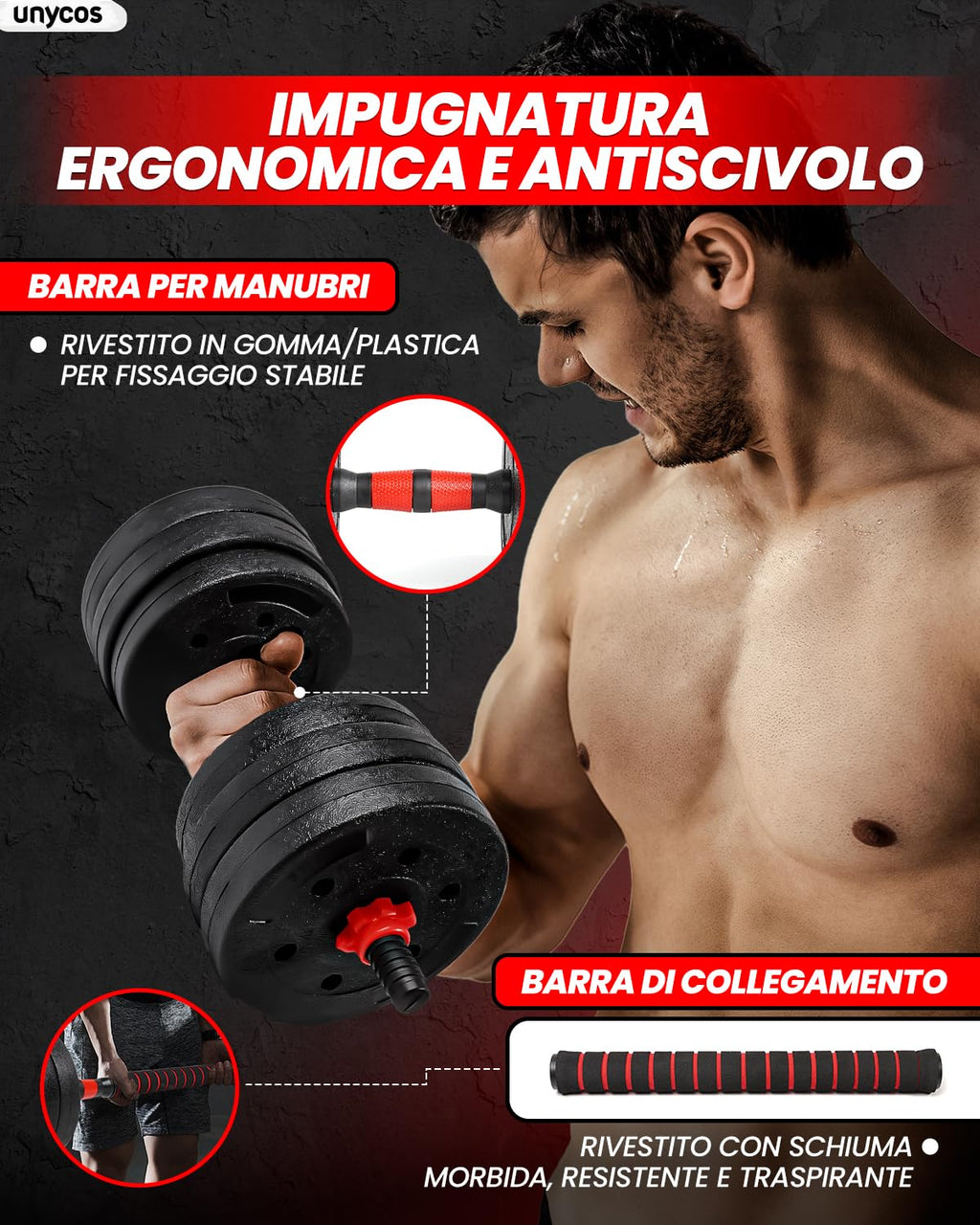unycos - Manubri Regolabili con Dischi 10-40 kg【E-Book con 50 Esercizi】Coppia di Pesi con Barra di Collegamento Antiscivolo per Allenamento, Palestra in Casa, Fitness (Red/Orange Transformer)