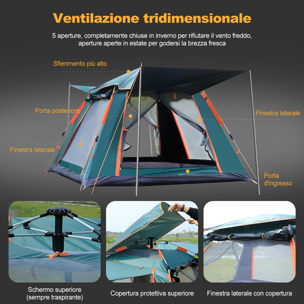 Ergocar Tenda Campeggio Pop Up 3-4 Persone Ultra-Leggero Tenda Impermeabile Antivento a Cupola Leggera con Veranda per Campeggio Escursioni Arrampicata