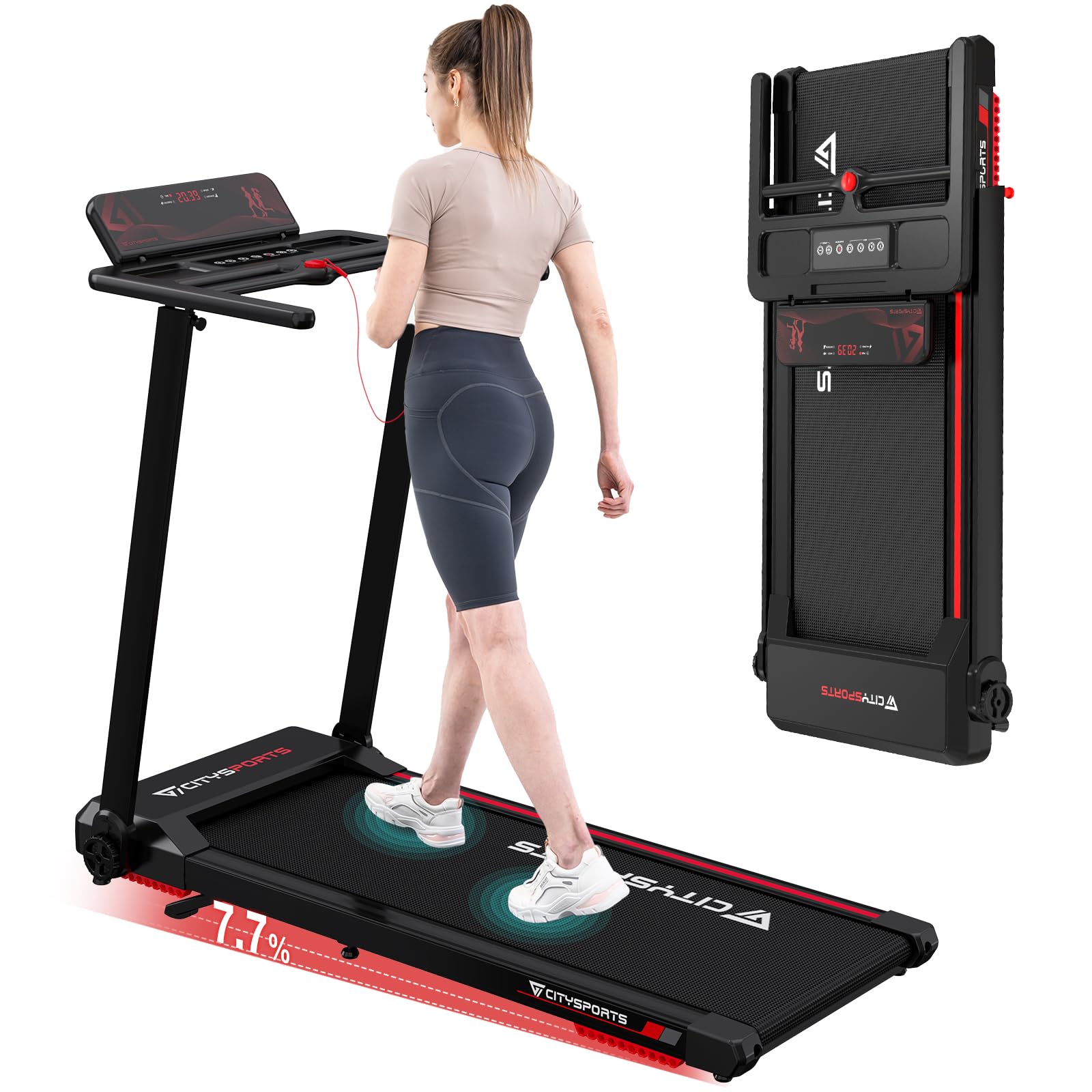 CITYSPORTS Tapis Roulant Elettrico Pieghevole 1-12km/h, Salvaspazio Con Display a LED, Supporto per App e Tablet a 360°, Compatto per Casa e Ufficio