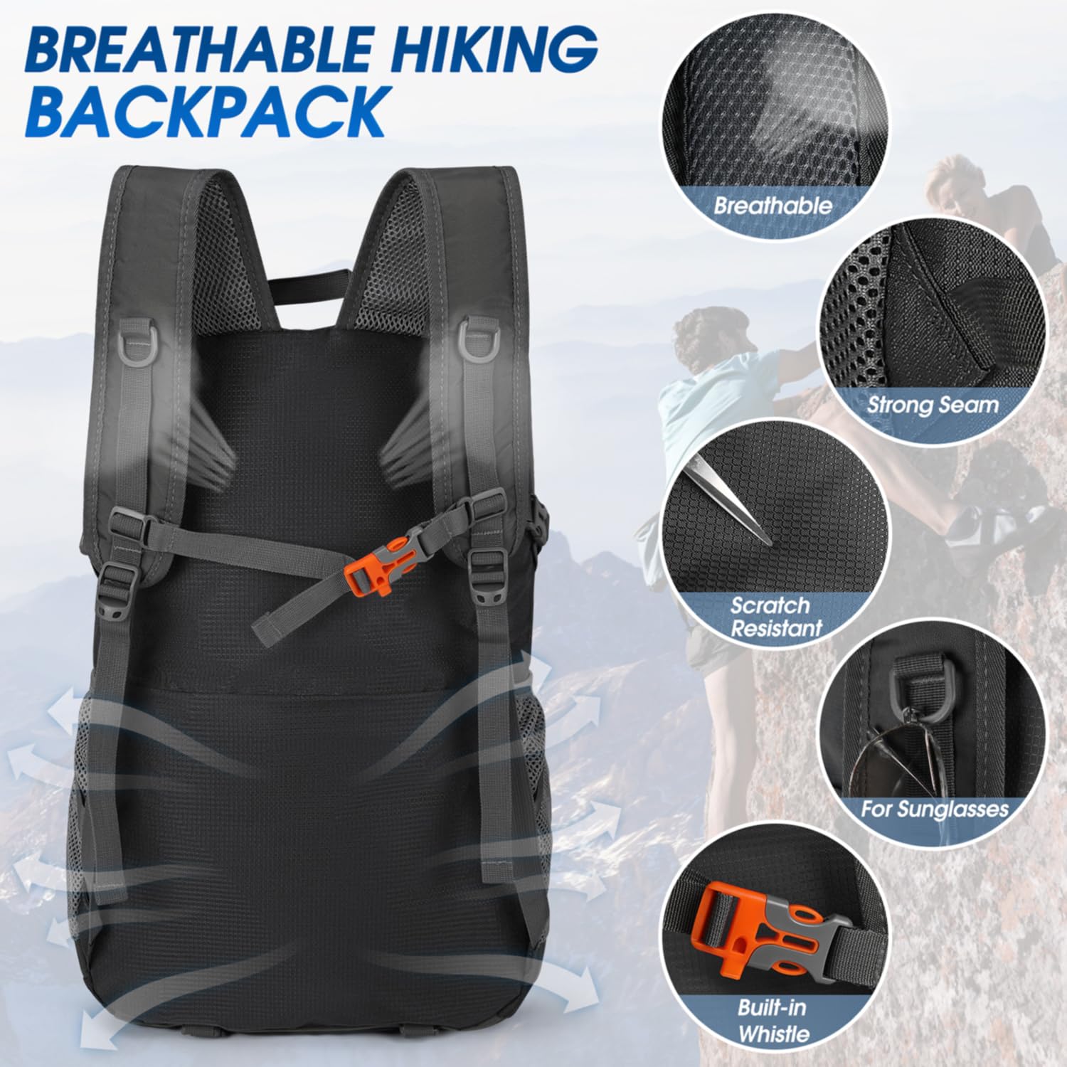 IGOLUMON Zaino Trekking 40 Litri, Zaino Ultraleggero Pieghevole, Impermeabile Zaino da Viaggio per Uomo/Donna, Zaino da Trekking con Strisce Riflettenti, Zaino Montagna per Escursionismo Campeggio