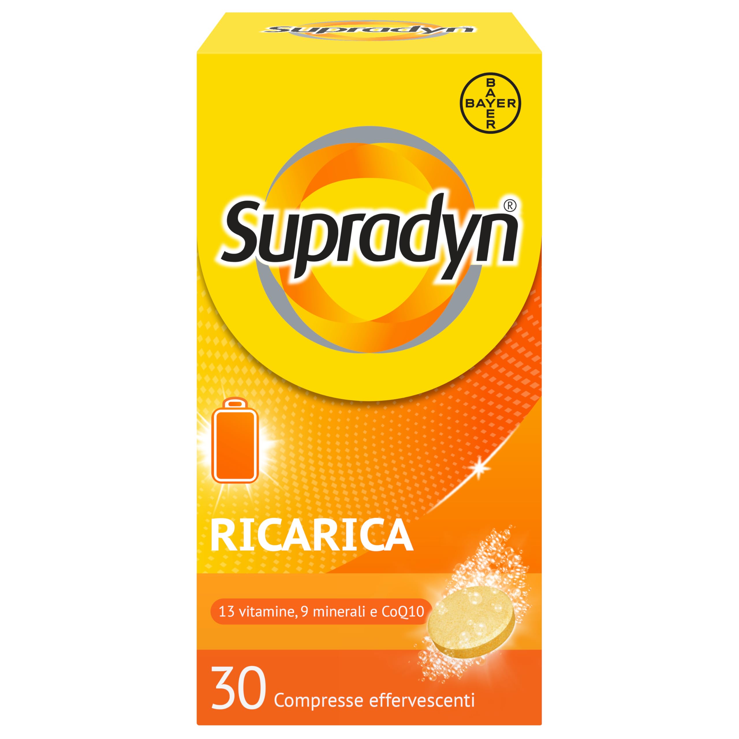 Supradyn Ricarica Multivitaminico Completo Vitamine e Minerali per Adulti, Integratore Vitamine A, B, C, D3, E, K, Magnesio, Calcio, Zinco, Selenio e Q10, Gusto Arancia 60 Compresse Effervescenti