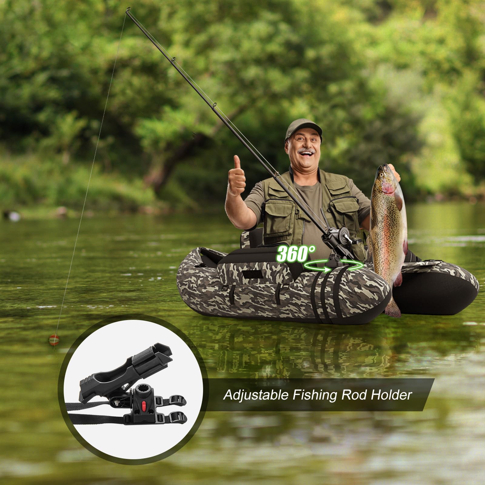 HOMASIS Gommone da Pesca per Adulti, Gommone Gonfiabile con Pinne in PP e Pagaia in Alluminio, Canotto da Pesca con Attrezzatura Completa, Portata 160 kg, 136 x 105 x 54 cm