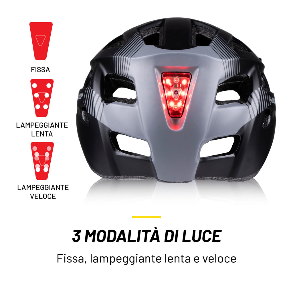 Dunlop Casco da bicicletta con luce - Casco da bicicletta per uomo e donna - Regolabile da 55 a 58 cm - Misura del casco da bicicletta - con illuminazione a LED - 3 modalità di luce - Nero