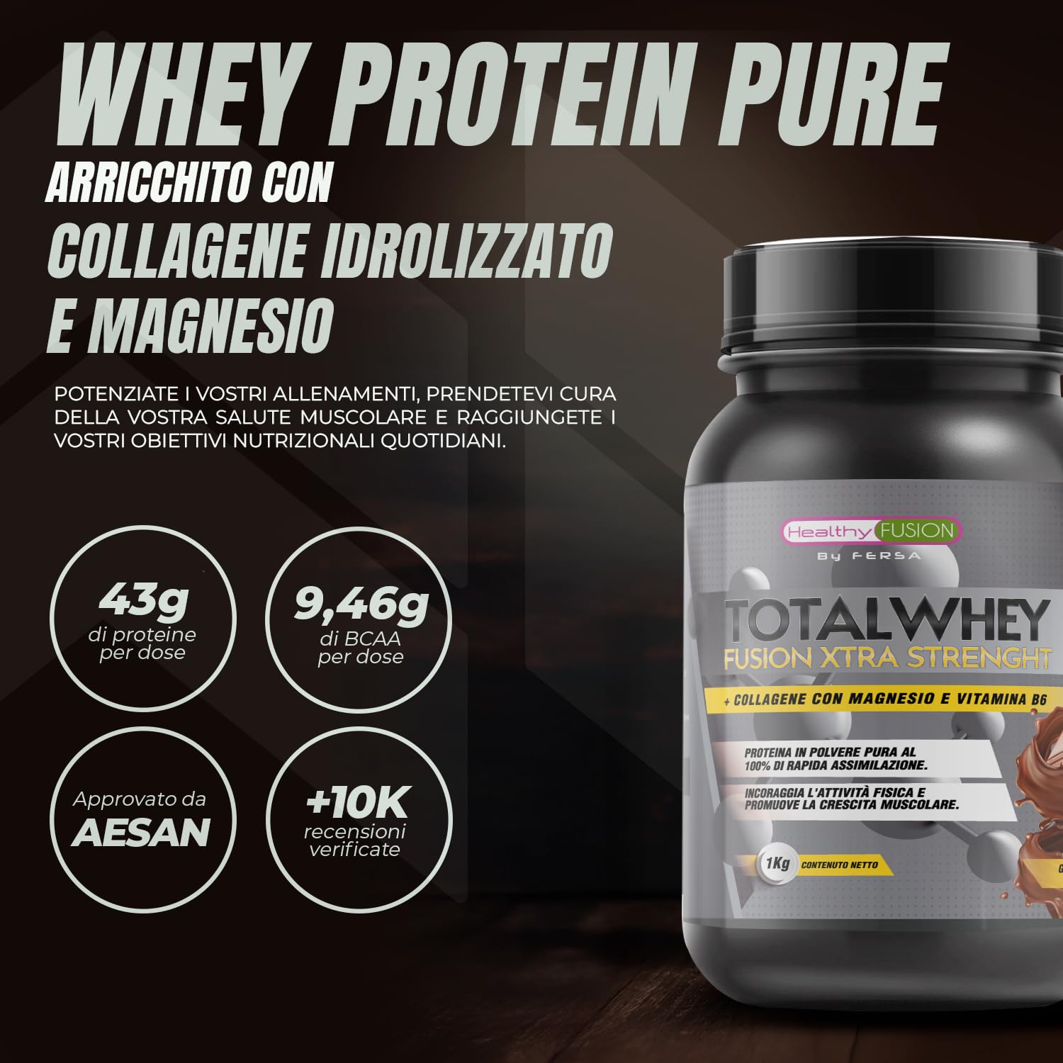 Whey Protein | Proteina Whey pura con Collagene + Magnesio | Migliora i tuoi allenamenti | Protegge e aumenta la massa muscolare | 1000g di proteina (Cioccolato)