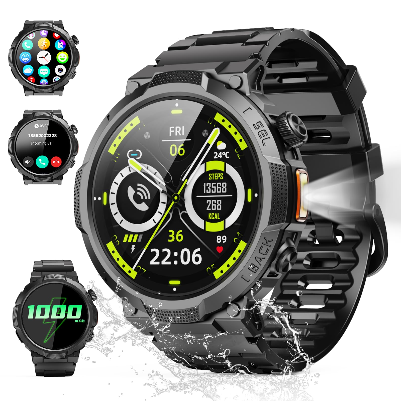 Smartwatch Uomo Militare, Orologio Smartwatch 1.43" con Chiamate Bluetooth, 100+ Modalità Sportive, Batteria 1000 mAh, Monitoraggio Sonno e Cardiofrequenzimetro, Torcia e Bussola per IOS/Android