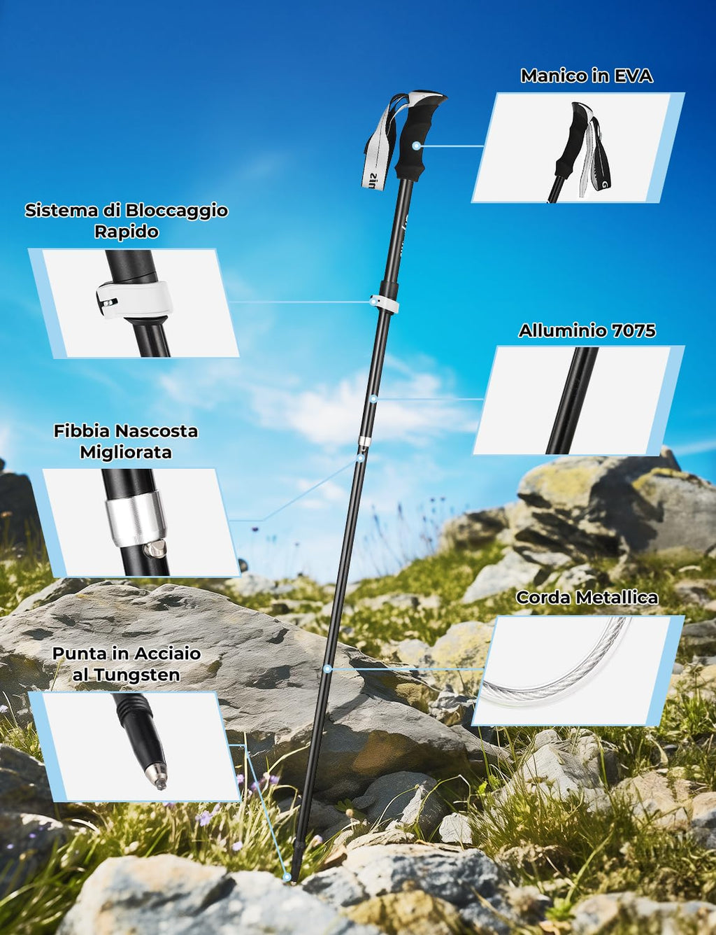 Glymnis Bastoni Trekking Bastoncini da Trekking Pieghevoli e Antiurto 110-130cm 5 Sezioni in Alluminio 7075 Impugnatura in Eva Punta in Carburo di Tungsteno per Escursioni 1 Paio