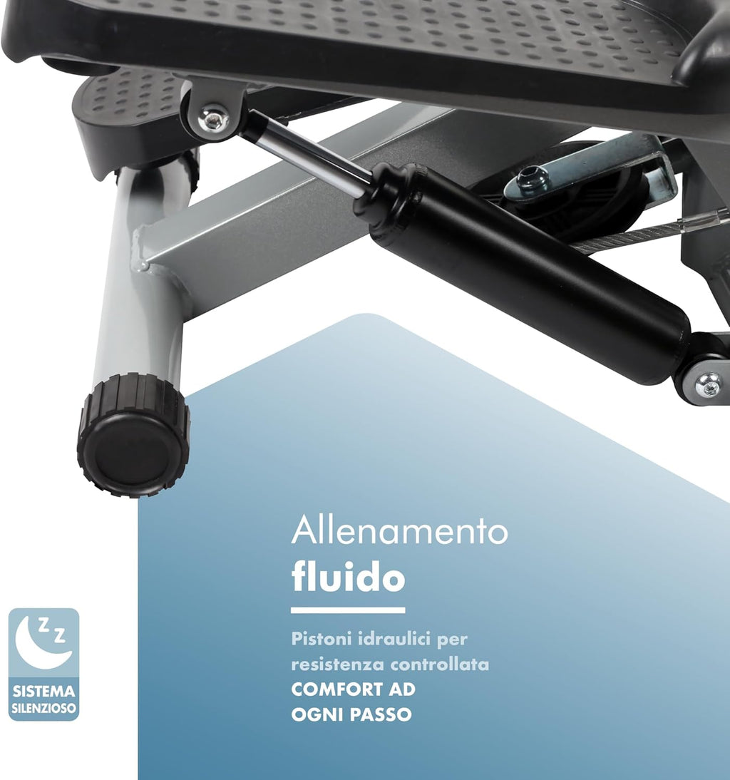 PORTENTUM Mini stepper fitness casa con bande di resistenza e schermo LCD 5 funzioni — Step 3-in-1 per gambe, glutei e braccia — Intensità regolabile — Attrezzi palestra compatti e facili da riporre
