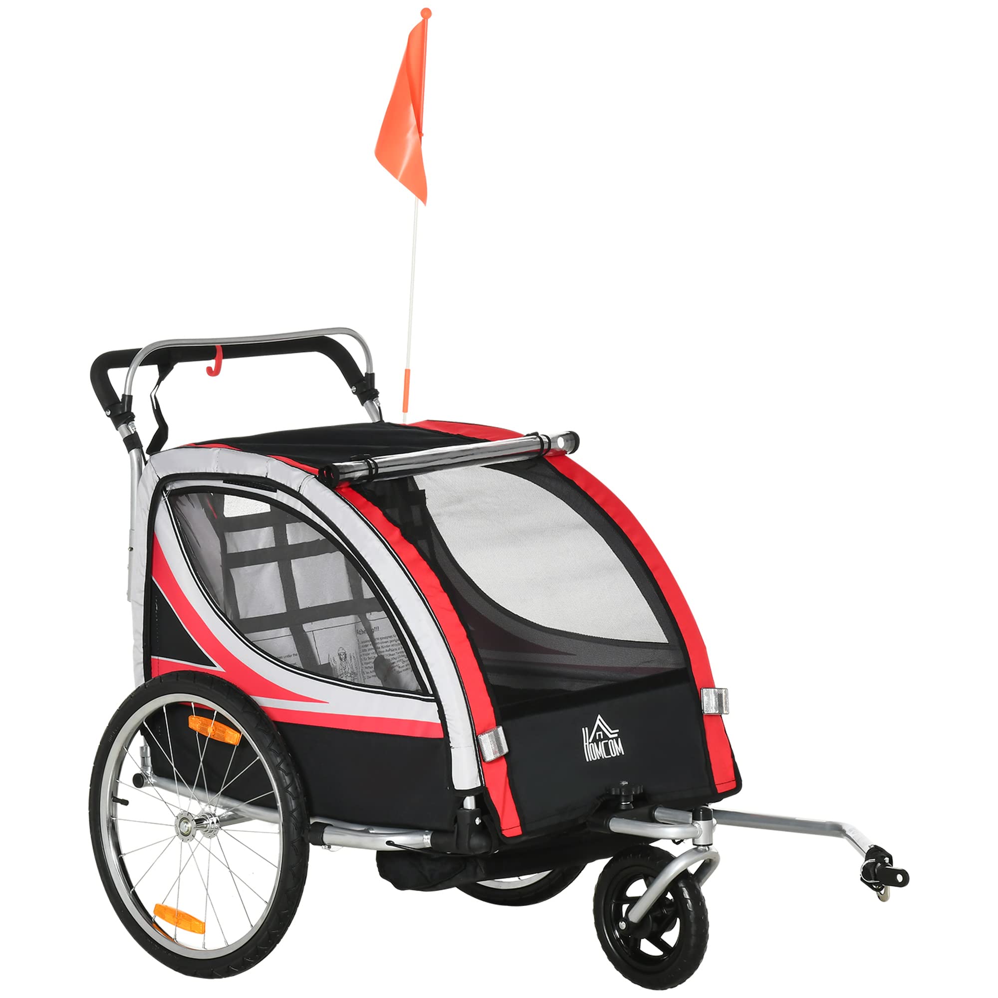 HOMCOM Rimorchio Bici per Bambini e Passeggino, Design 2 in 1 con Freno, Cintura a 5 Punti, Carrello Rimorchio per Bicicletta con Tasche Laterali, Catarifrangenti e Bandierina