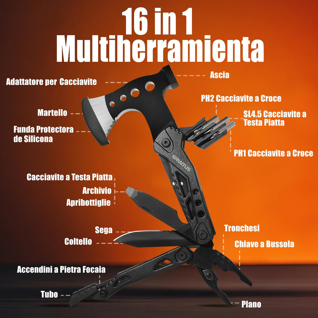 Campeggio Accessori Utili 16in1 Multitool Ascia Sopravvivenza Idee Regalo Uomo Regali Natale con Coltello Martello Pinze Seghetto Cacciavite