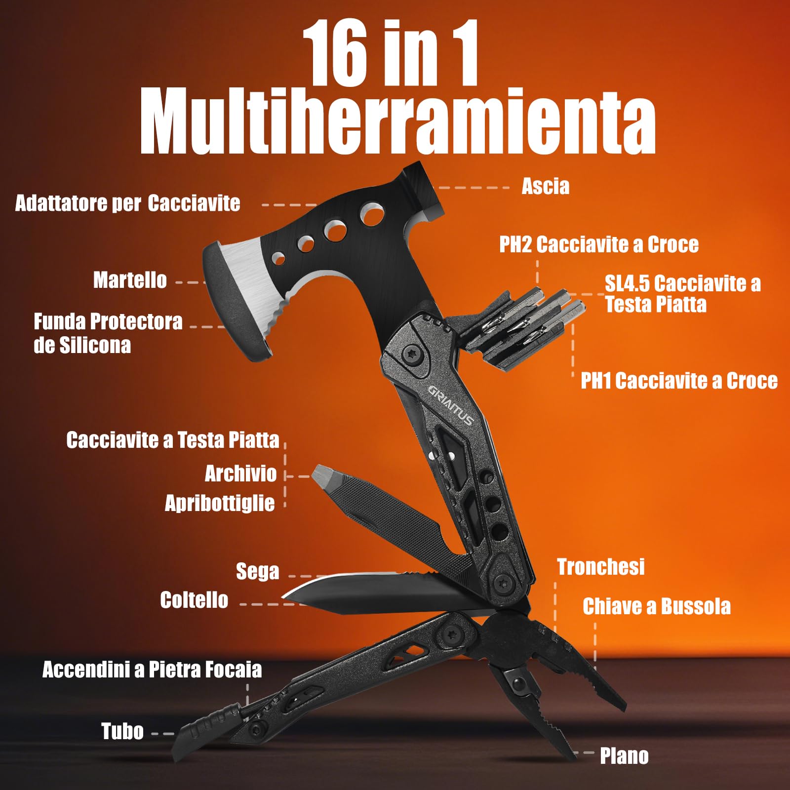 Campeggio Accessori Utili 16in1 Multitool Ascia Sopravvivenza Idee Regalo Uomo Regali Natale con Coltello Martello Pinze Seghetto Cacciavite