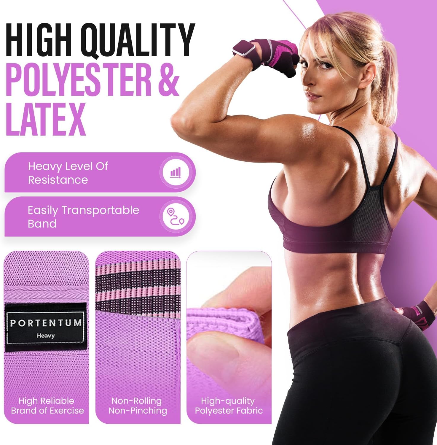 PORTENTUM Élastiques de fitness, lot de 3 bandes élastiques de fitness antidérapantes en tissu. 3 niveaux de résistance pour le Crossfit, le Yoga, les fessiers et d'autres sports, et sac de rangement